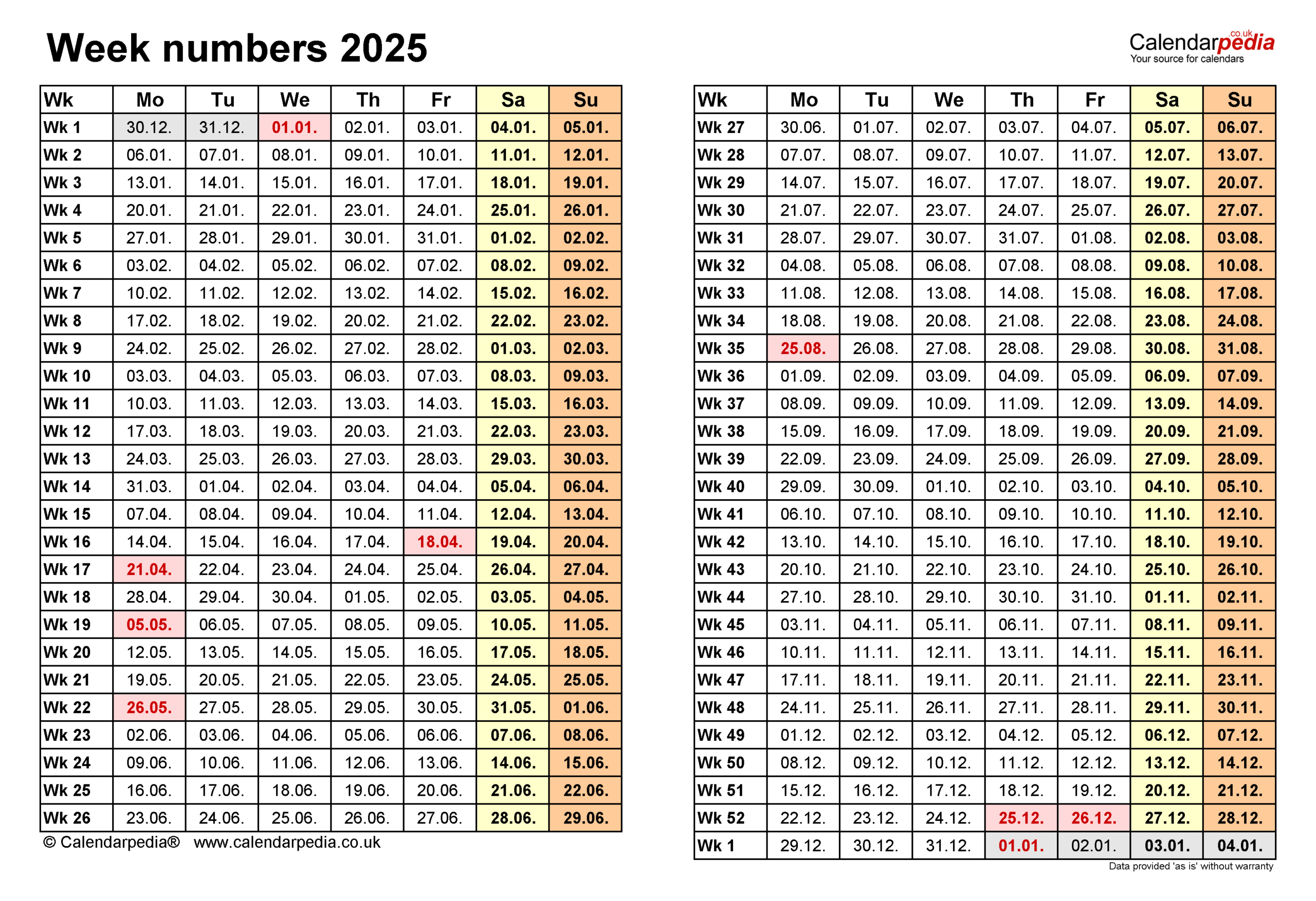 Week Numbers 2025 With Pdf, Excel And Word Templates within 2025 Week Number Calendar Printable