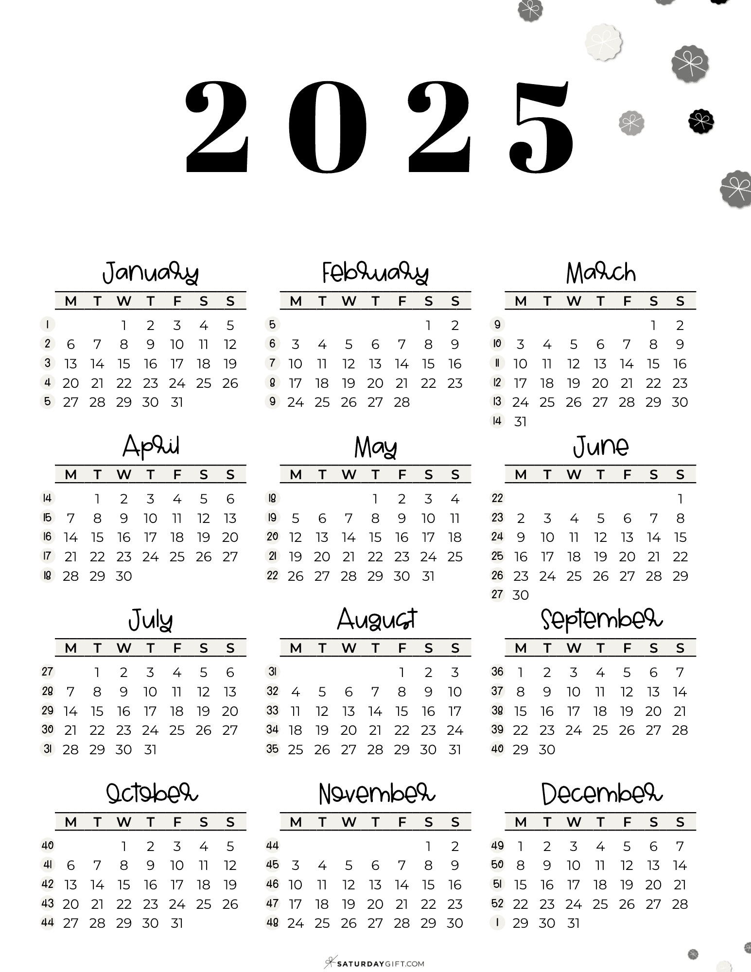 Week Numbers For 2025 - What Week Is It? | Saturdaygift intended for Printable Calendar 2025 With Week Numbers