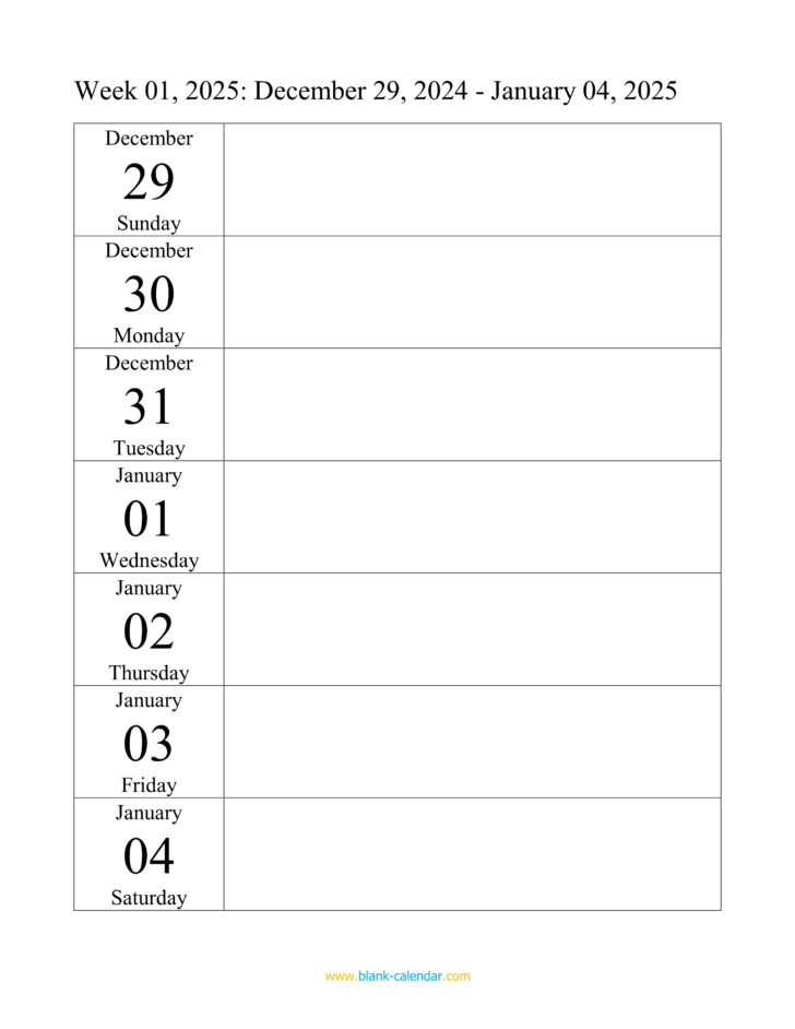 Printable Weekly Calendar 2025 Free