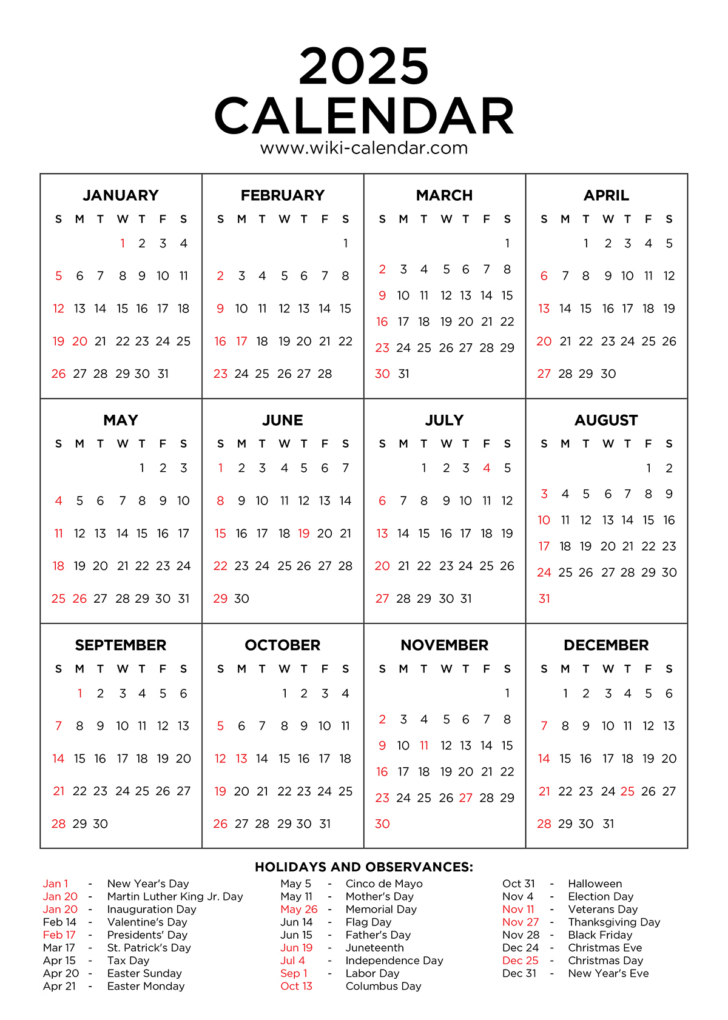 2025 Calendar Year Printable