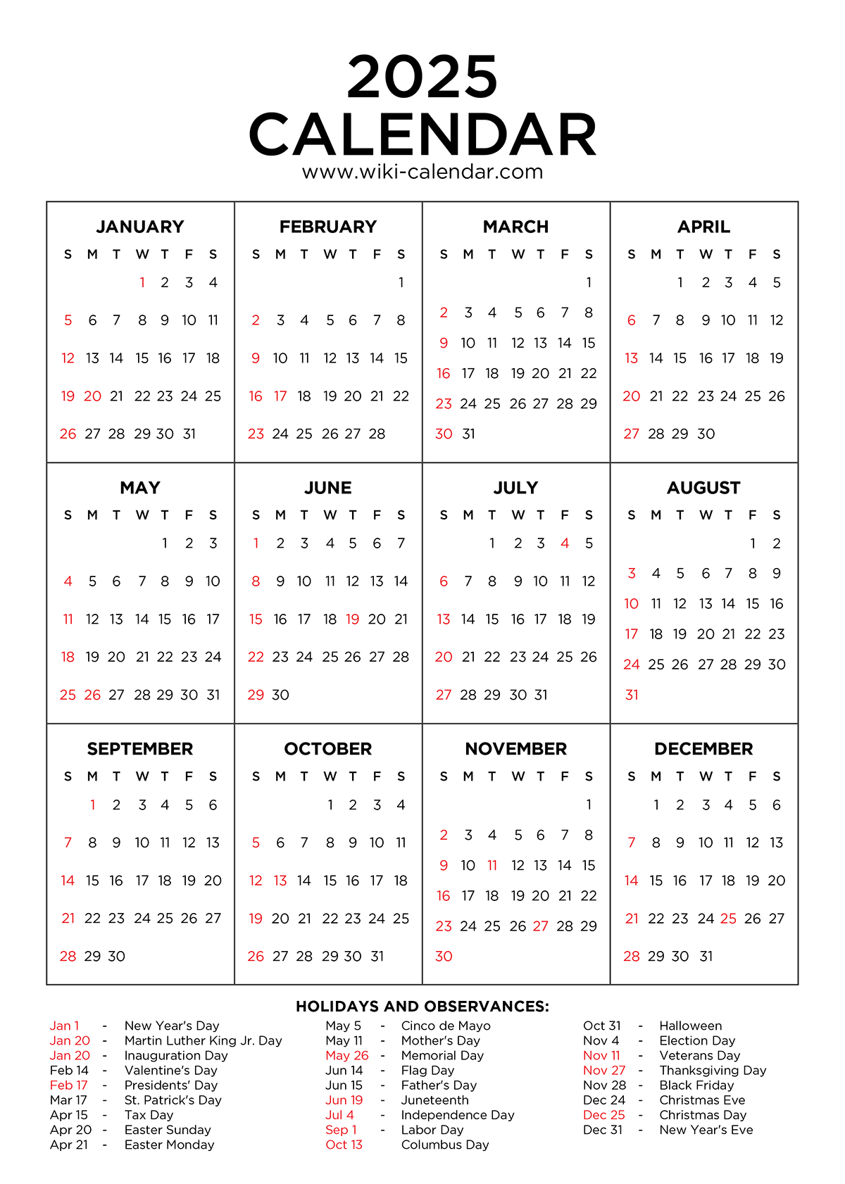 Year 2025 Calendar Printable With Holidays - Wiki Calendar inside 2025 Calendar Year Printable