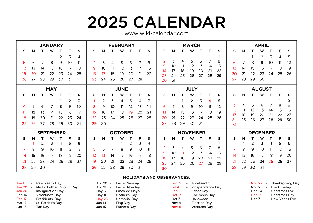Year 2025 Calendar Printable With Holidays - Wiki Calendar within Printable Calendar 2025 Large