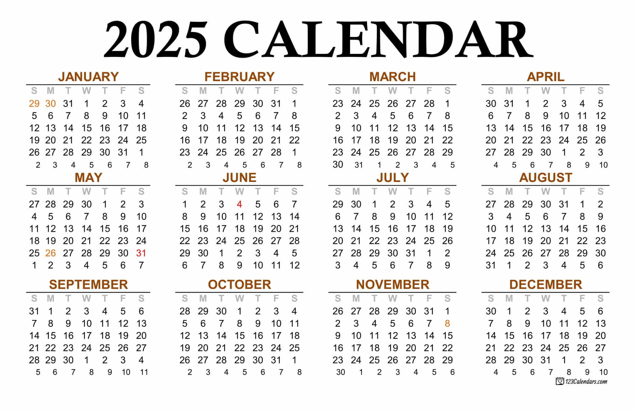 Year 2025 Calendar Templates | 123Calendars throughout Printable Calendar 2025 Annual