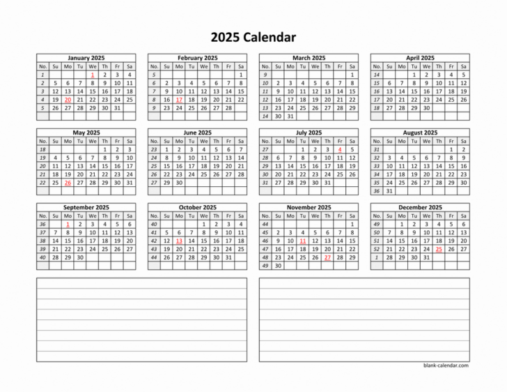 2025 Calendar with Notes Printable