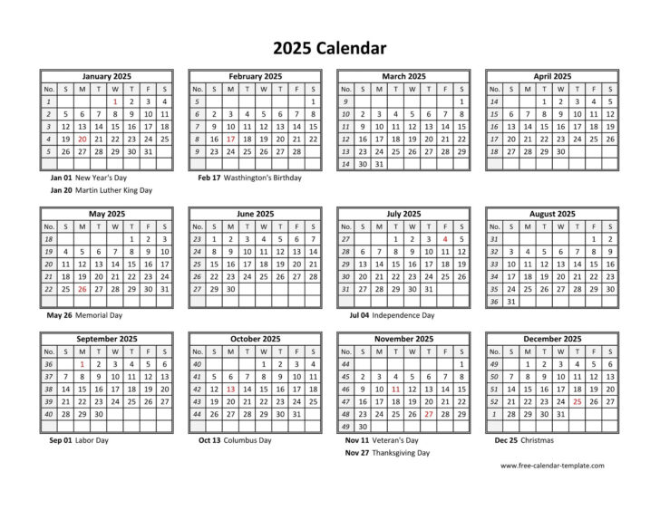 Free Printable Calendar 2025 with Holidays Word