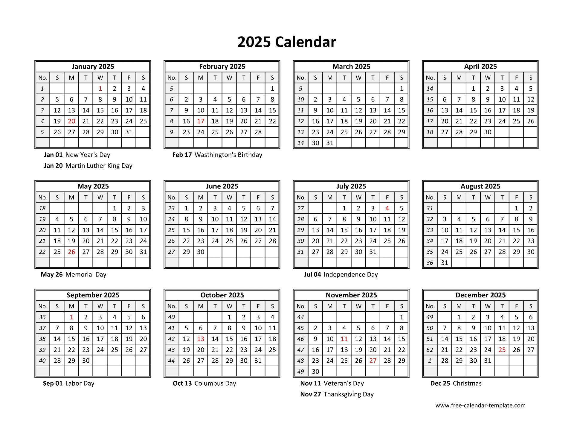 Yearly Calendar 2025 Printable With Federal Holidays | Free regarding Free Printable Calendar 2025 Yearly Word