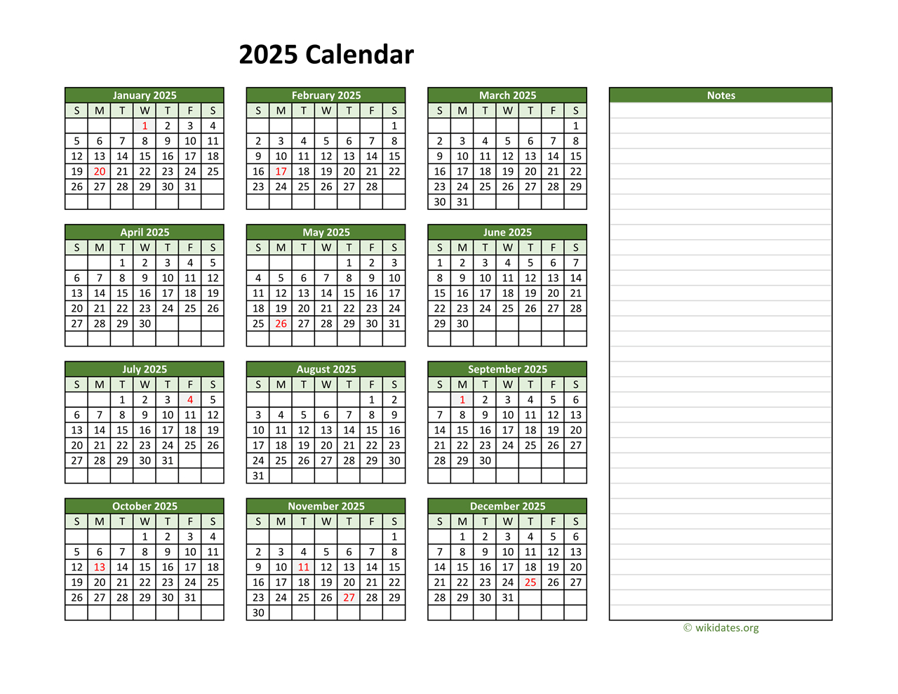 Yearly Printable 2025 Calendar With Notes | Wikidates for 2025 Calendar With Notes Printable