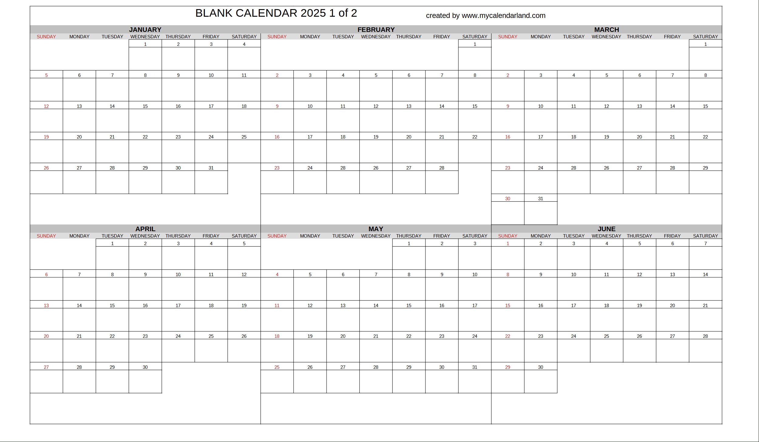 Yearly Printable Calendars For Free – My Calendar Land with Printable 2025 Calendar with Boxes