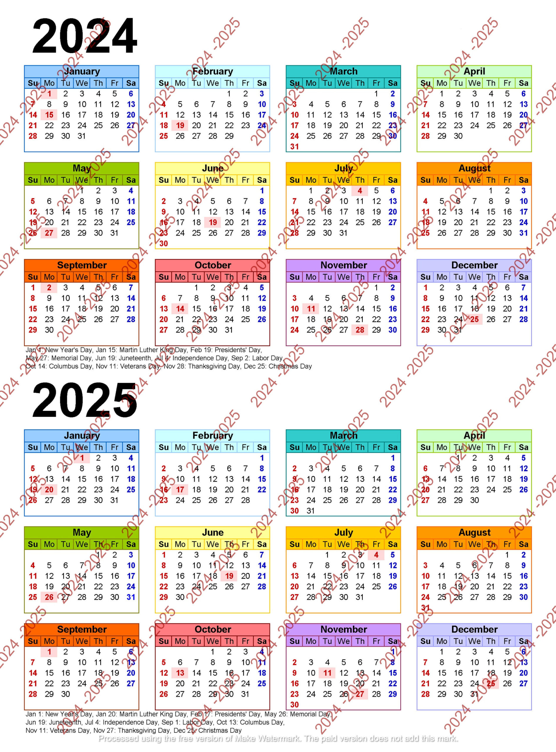 2024-2025 Colorful Calendar Printable, Yearly Calendar, 12-Months within Printable 2024 And 2025 Calendar