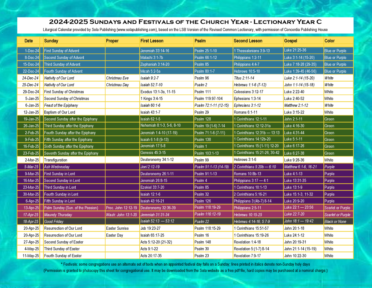 2024-2025 Liturgical Calendar (Year C) K-2025 | Sola Publishing pertaining to Free Printable Liturgical Calendar 2025