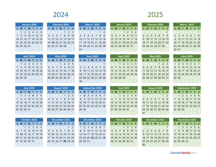 2024 and 2025 Yearly Calendar Printable