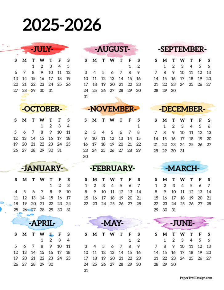 August 2025 – July 2026 Calendar
