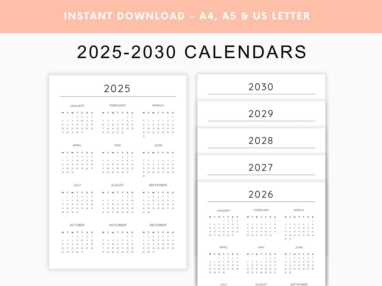 2025–2030 Year Calendars, Printable Pdf, Annual Calendar, Wall regarding Printable Calendar 2025 To 2030