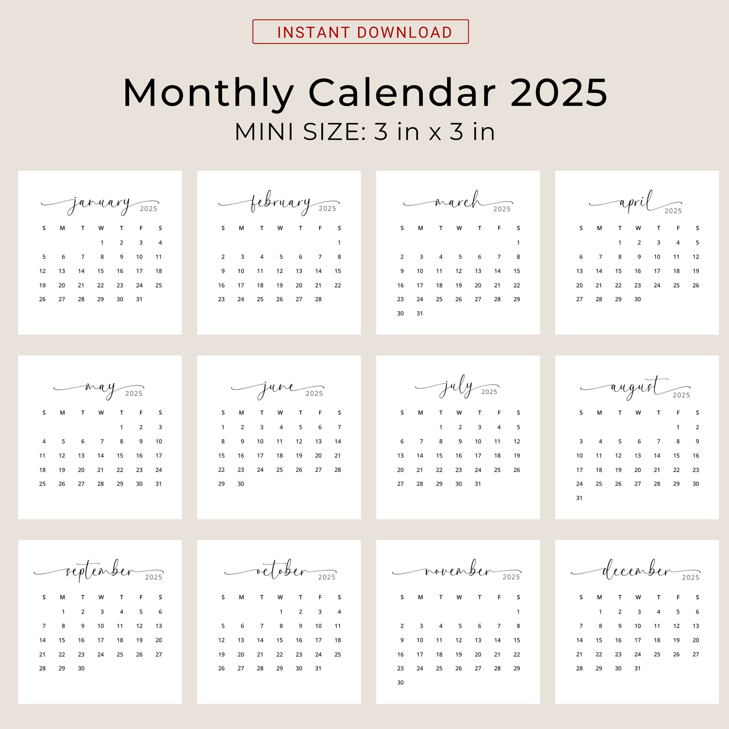 2025 3X3 Mini Calendar 2025 Calendar Card 2025 Pocket Calendar Elegant Printable Calendar Mini 3X3 Inch Calendar Pdf Sunday &amp;amp; Monday Start regarding Mini Printable Calendar 2025