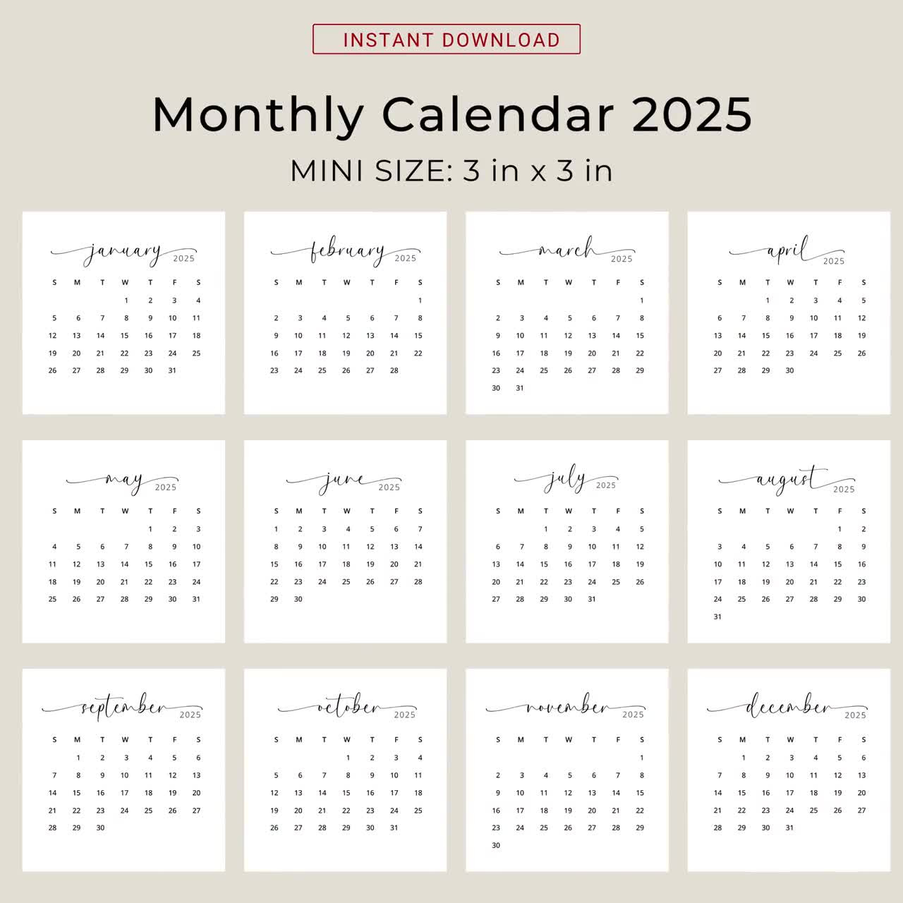 2025 3X3 Mini Calendar 2025 Calendar Card 2025 Pocket Calendar Elegant Printable Calendar Mini 3X3 Inch Calendar Pdf Sunday &amp;amp; Monday Start within Printable Calendar 2025 Small