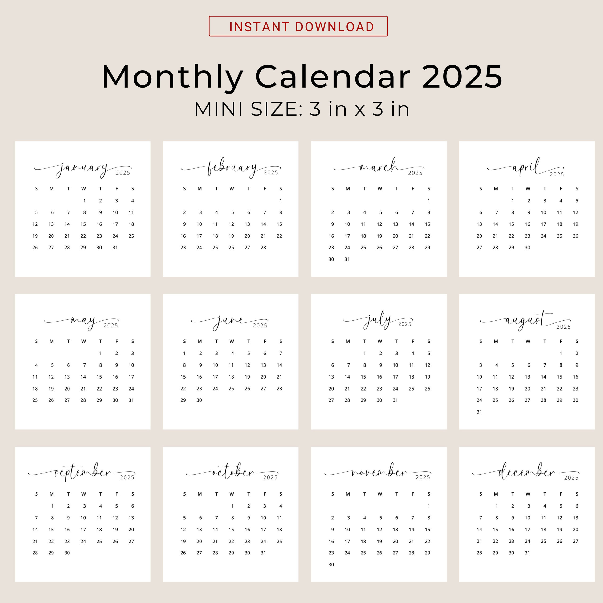 2025 3X3 Minikalender 2025 Kalenderkarte 2025 Taschenkalender inside 2025 Mini Calendar Printable