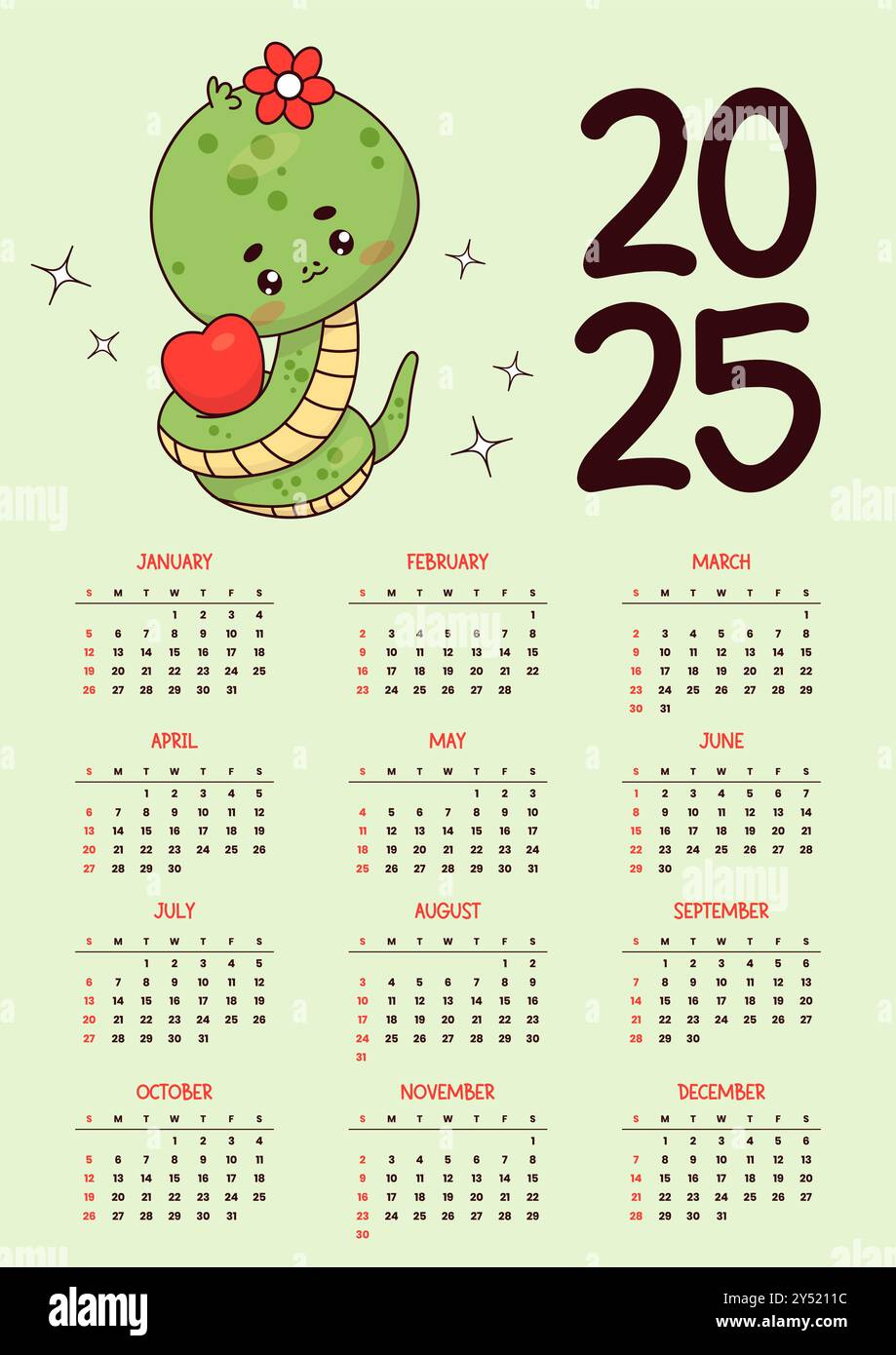2025 Annual Calendar. Cute Snake Girl With Heart. Funny Kawaii inside Kawaii Printable Calendar 2025