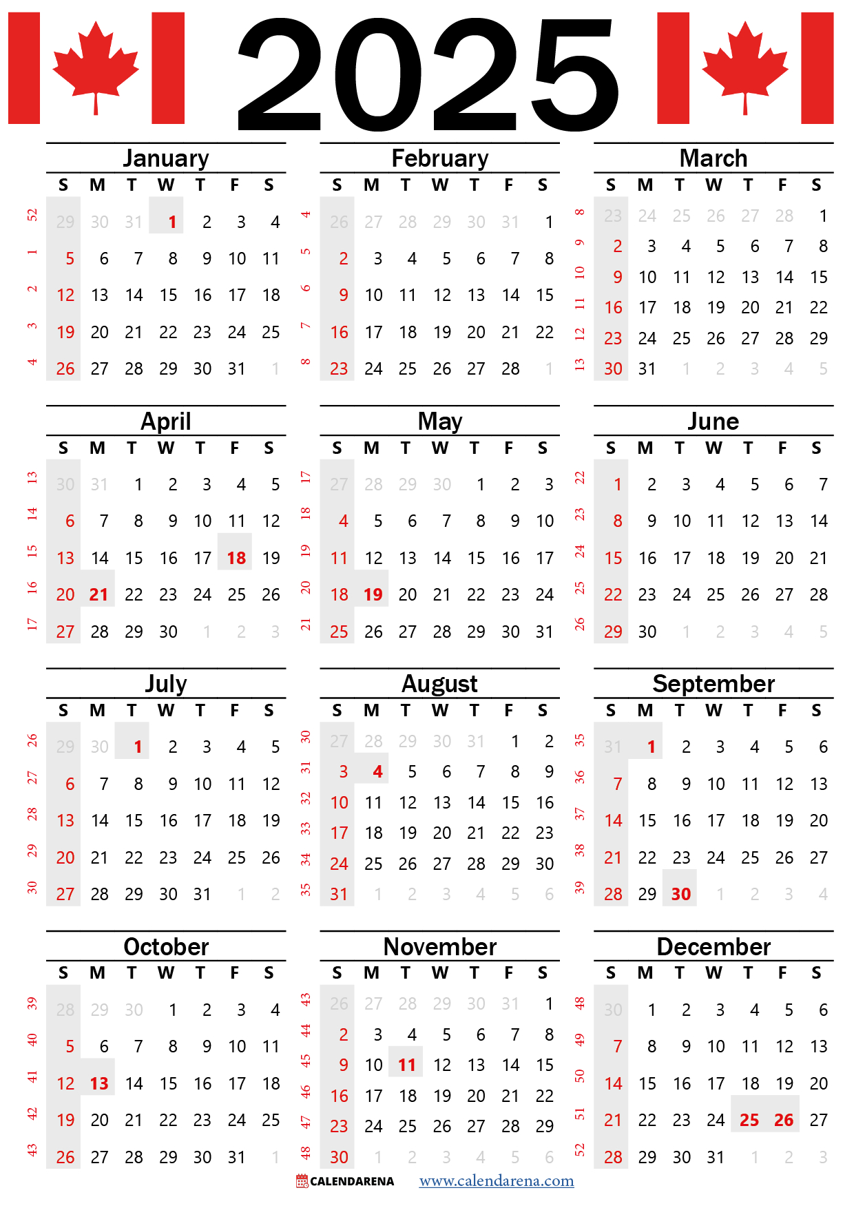 2025 Calendar Canada Printable Free for 2025 Canadian Calendar Printable