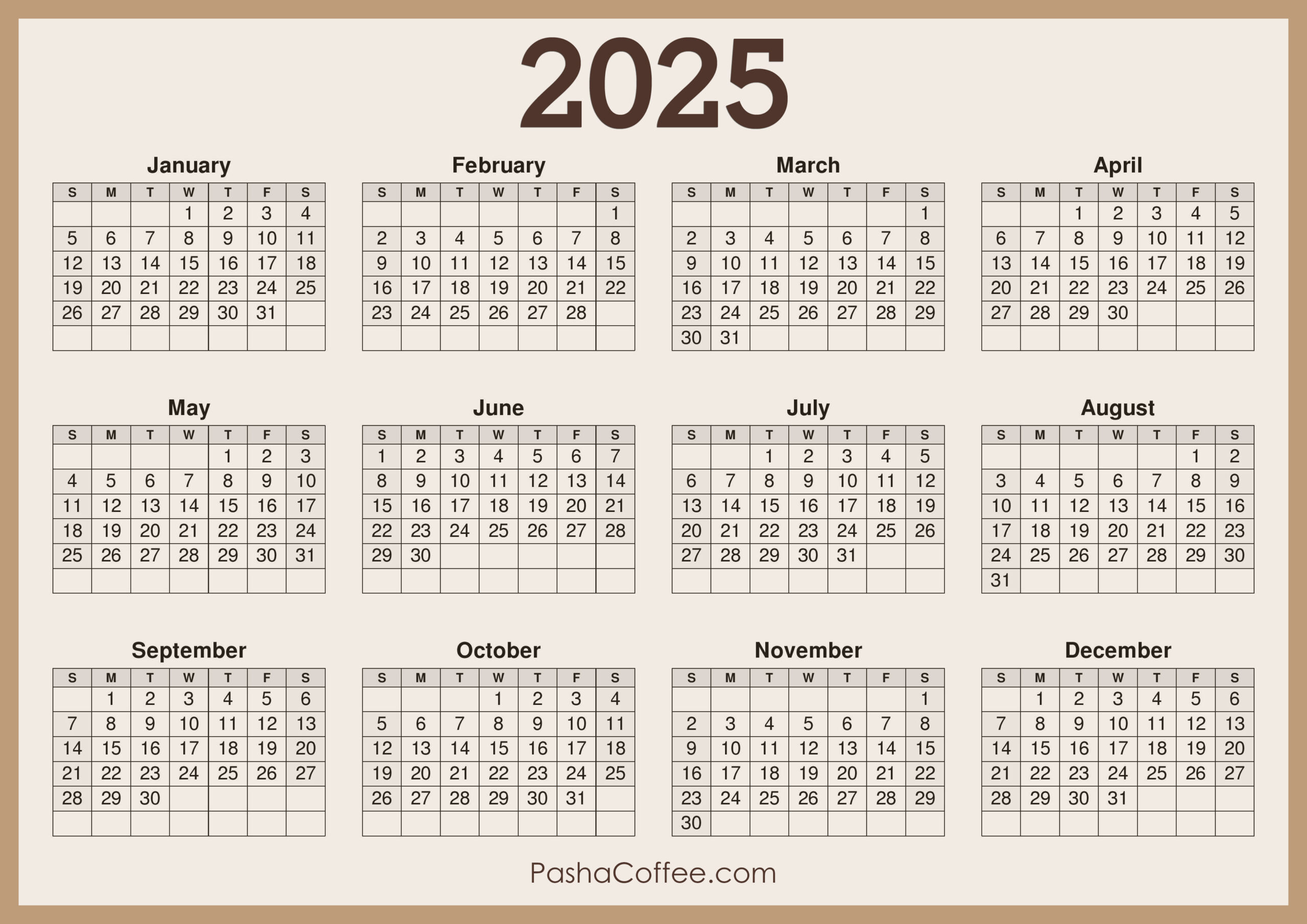2025 Calendar Printable Free, Horizontal, Beige – Pashacoffee regarding 2025 Horizontal Calendar Printable