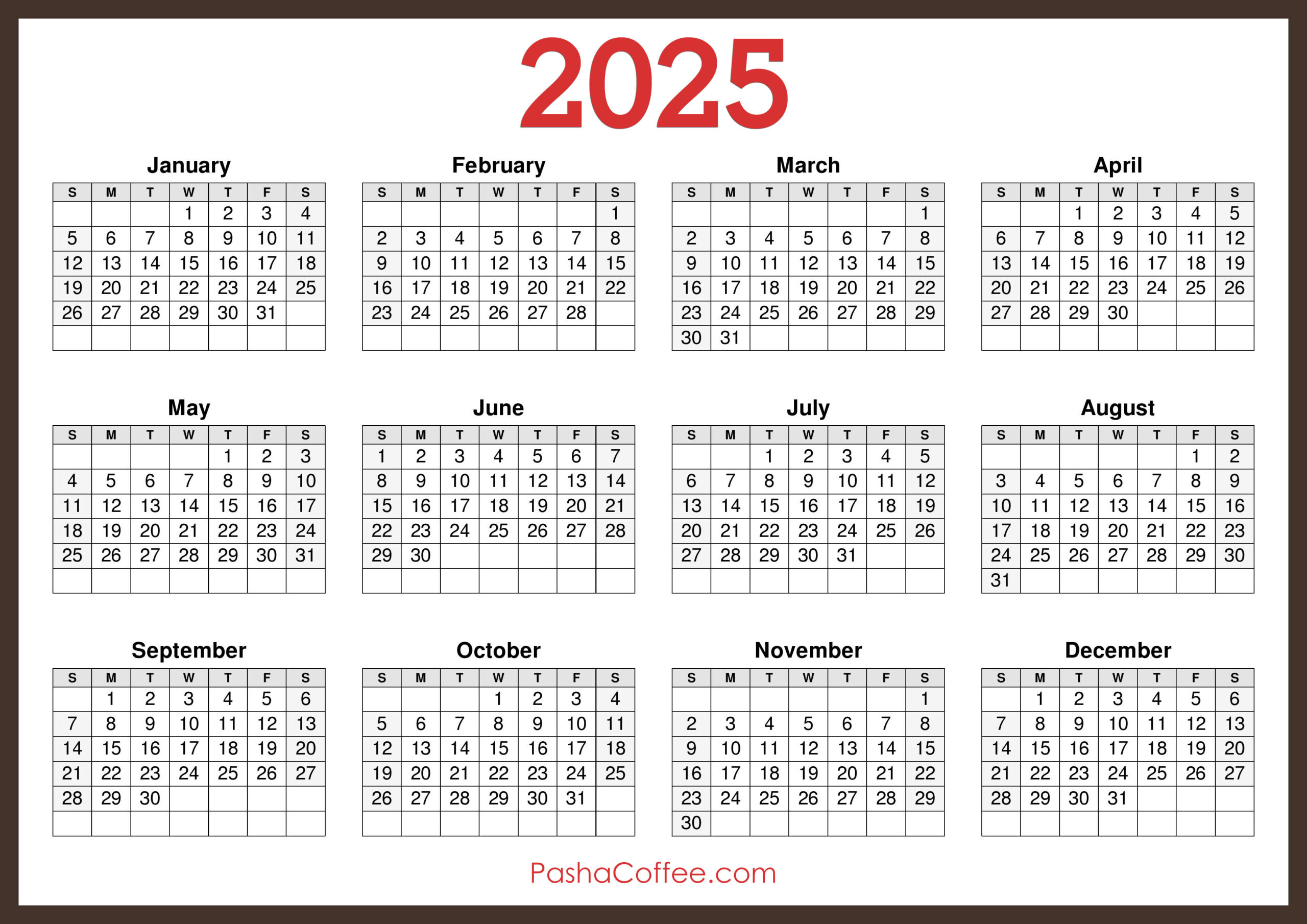 2025 Calendar Printable Free, Horizontal, Brown – Pashacoffee throughout Free Printable 2025 Calendar 8 1/2 X 11