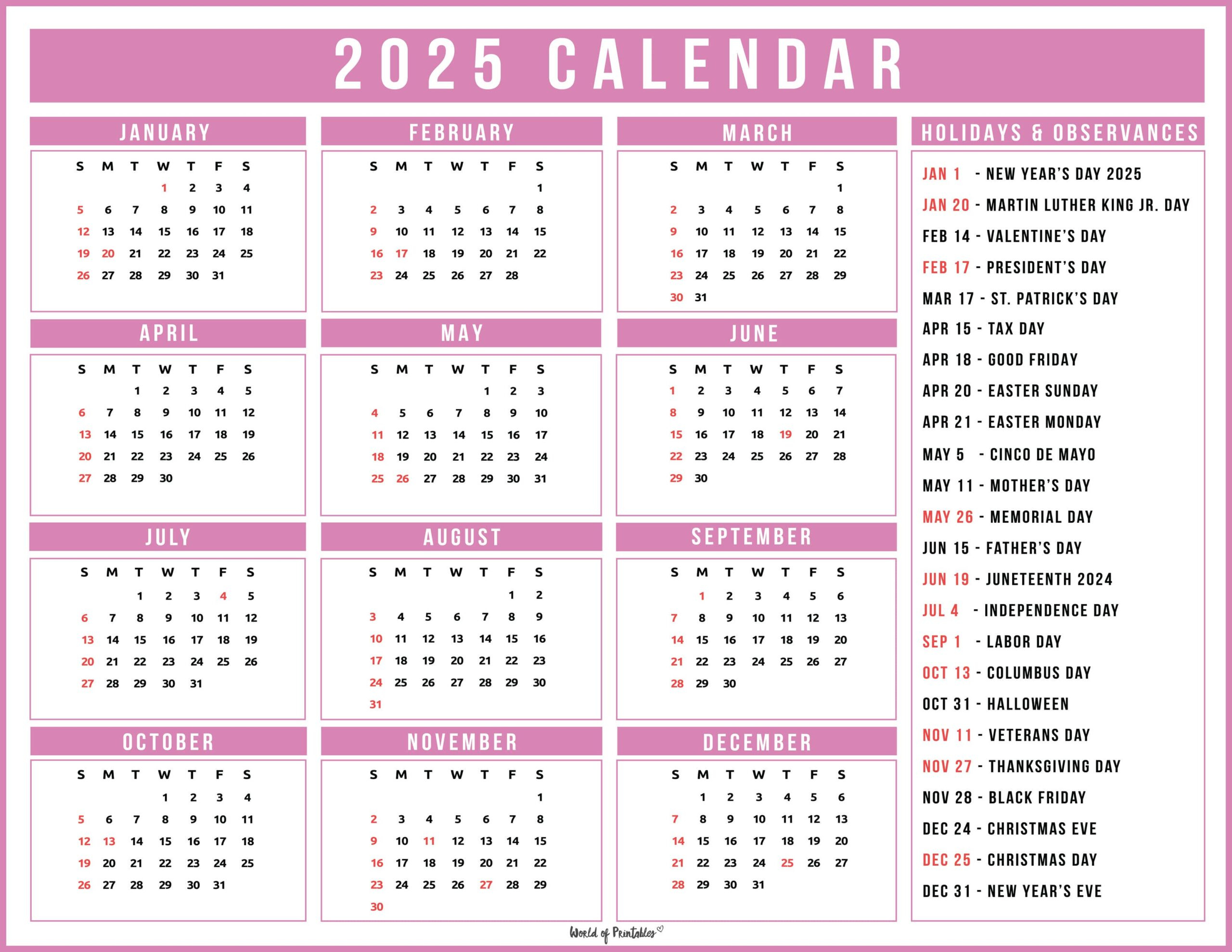 2025 Calendar With Holidays - Free Printables In 28 Unique Styles throughout Free Printable Calendar 2025 With Holidays Philippines