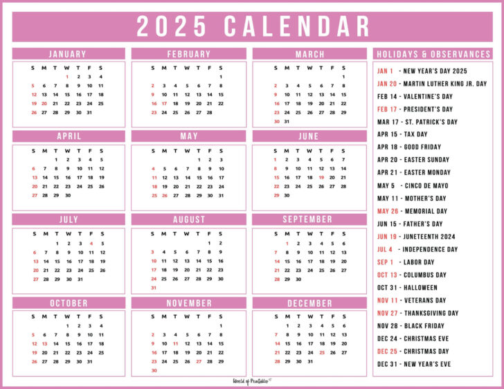 Printable Calendar 2025 with School Holidays