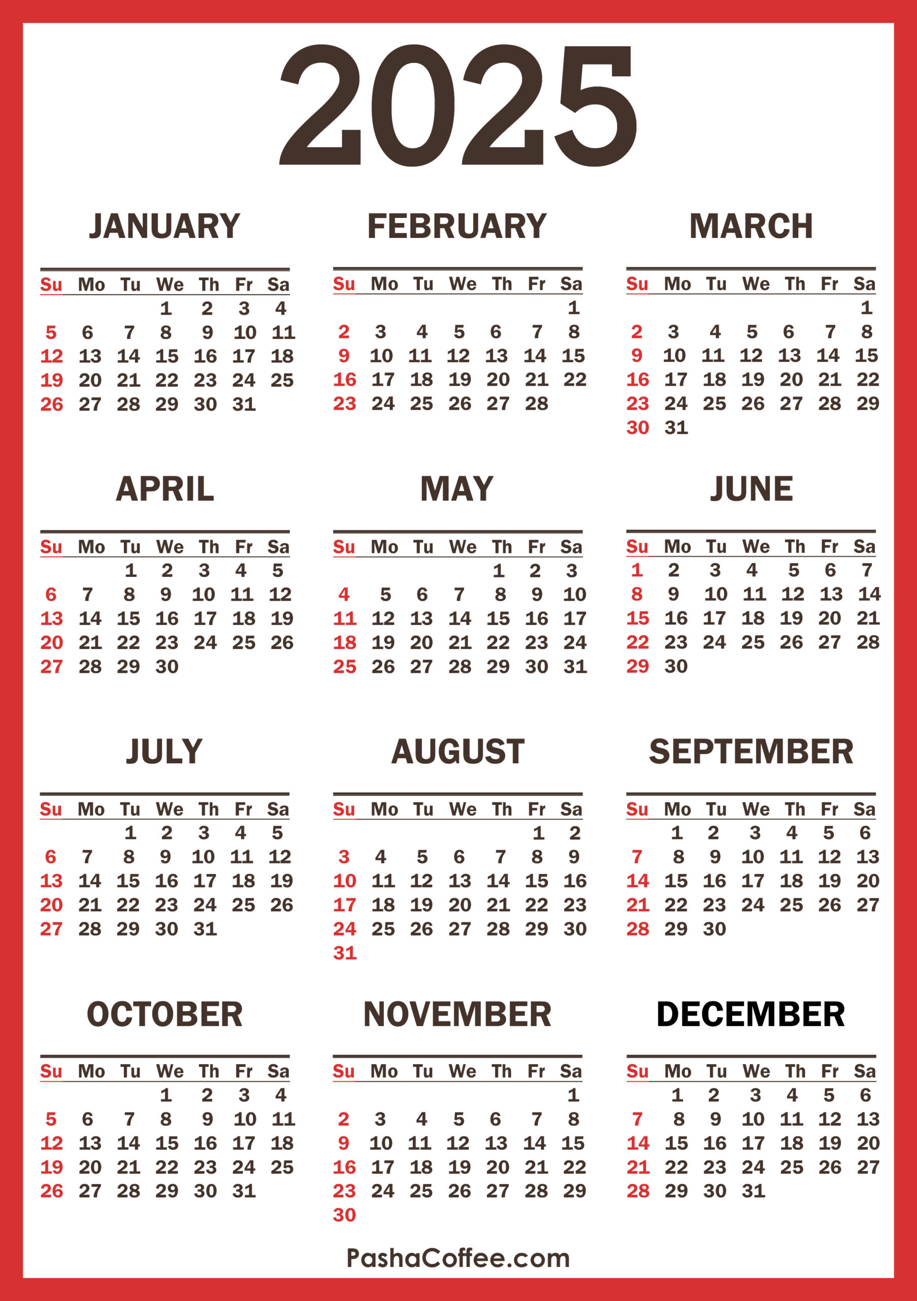 2025 Calendar With Holidays, Printable Free, Vertical, Red for Printable Calendar 2025 with Holidays Sri Lanka
