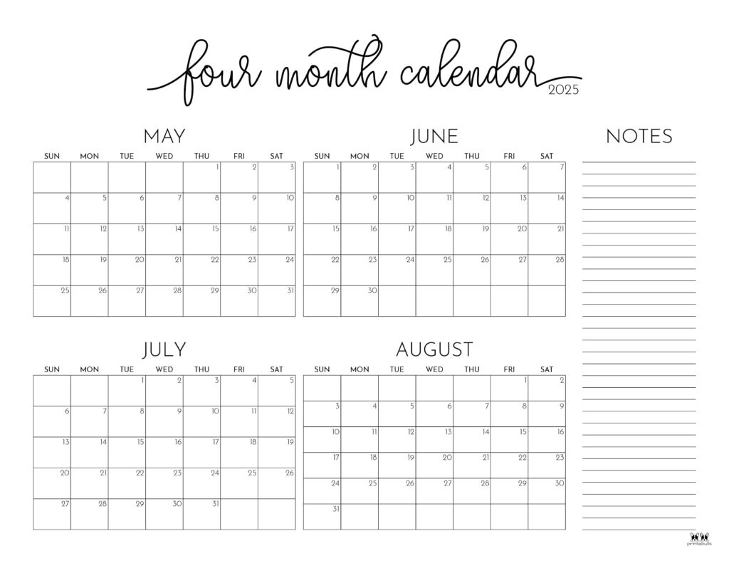 2025 Four Month Calendars - 31 Free Printables | Printabulls pertaining to May Through August 2025 Calendar
