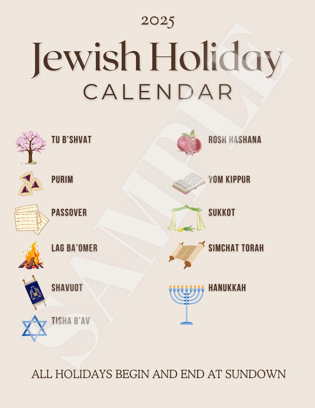 2025 Jewish Holiday Calendar - Etsy in Printable Jewish Calendar 2025