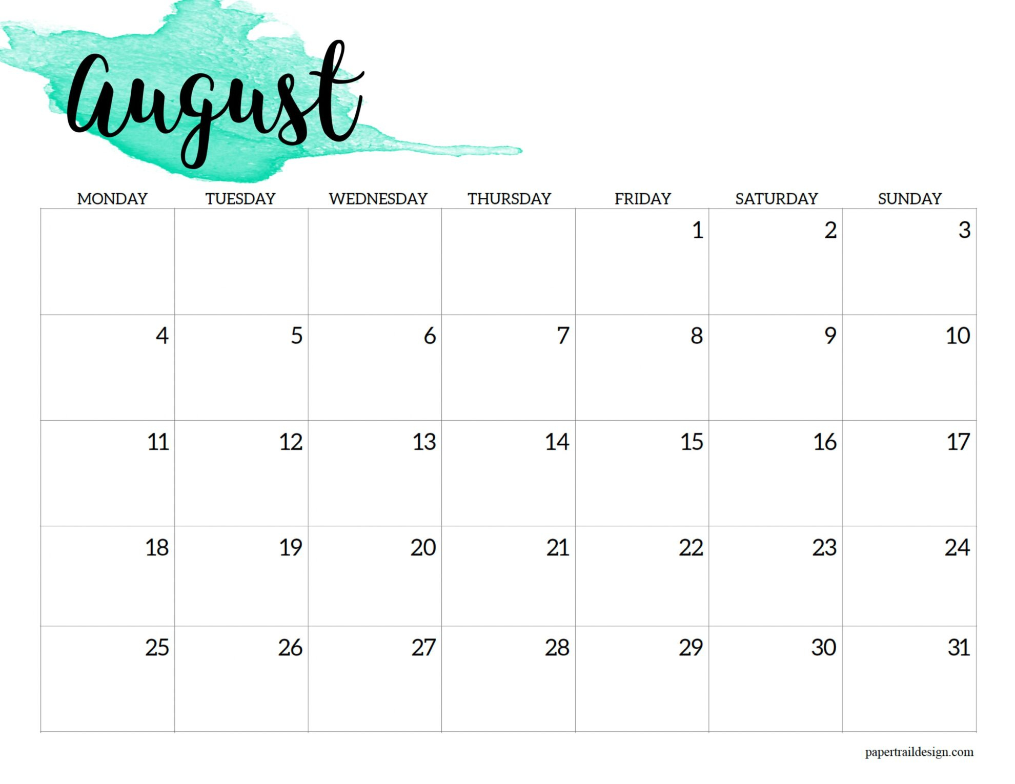 2025 Monday Start Calendar Printable - Watercolor - Paper Trail Design for August 2025 Calendar Monday Start
