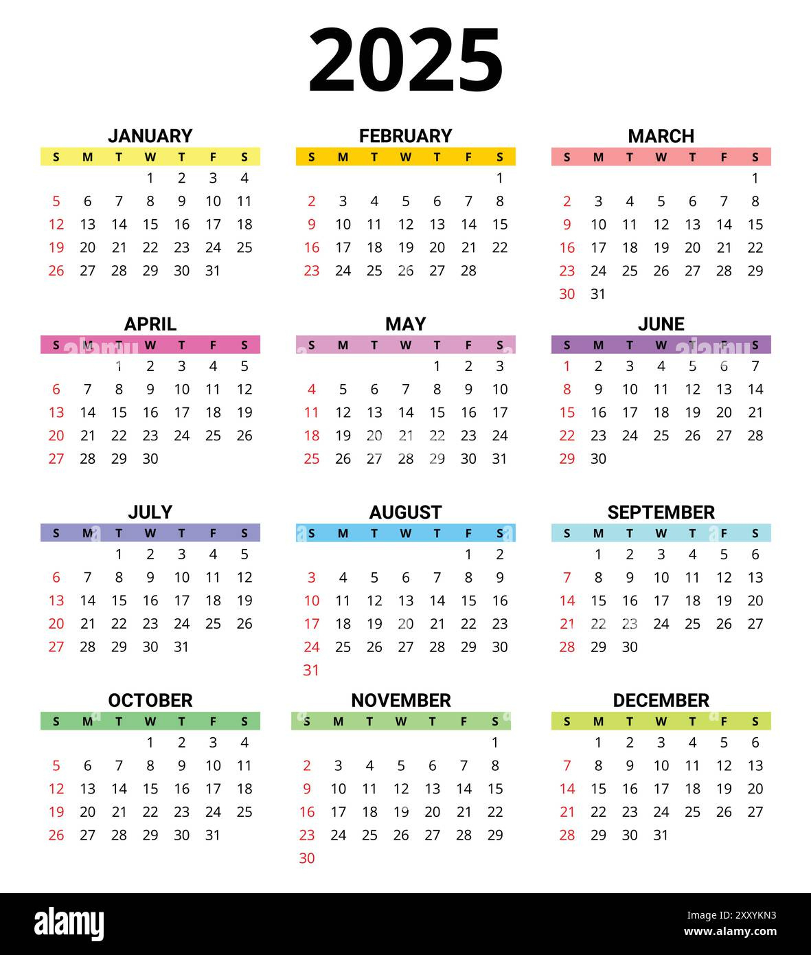 2025 Month Printable Color Calendar. Modern Vector Template with Printable Color Calendar 2025