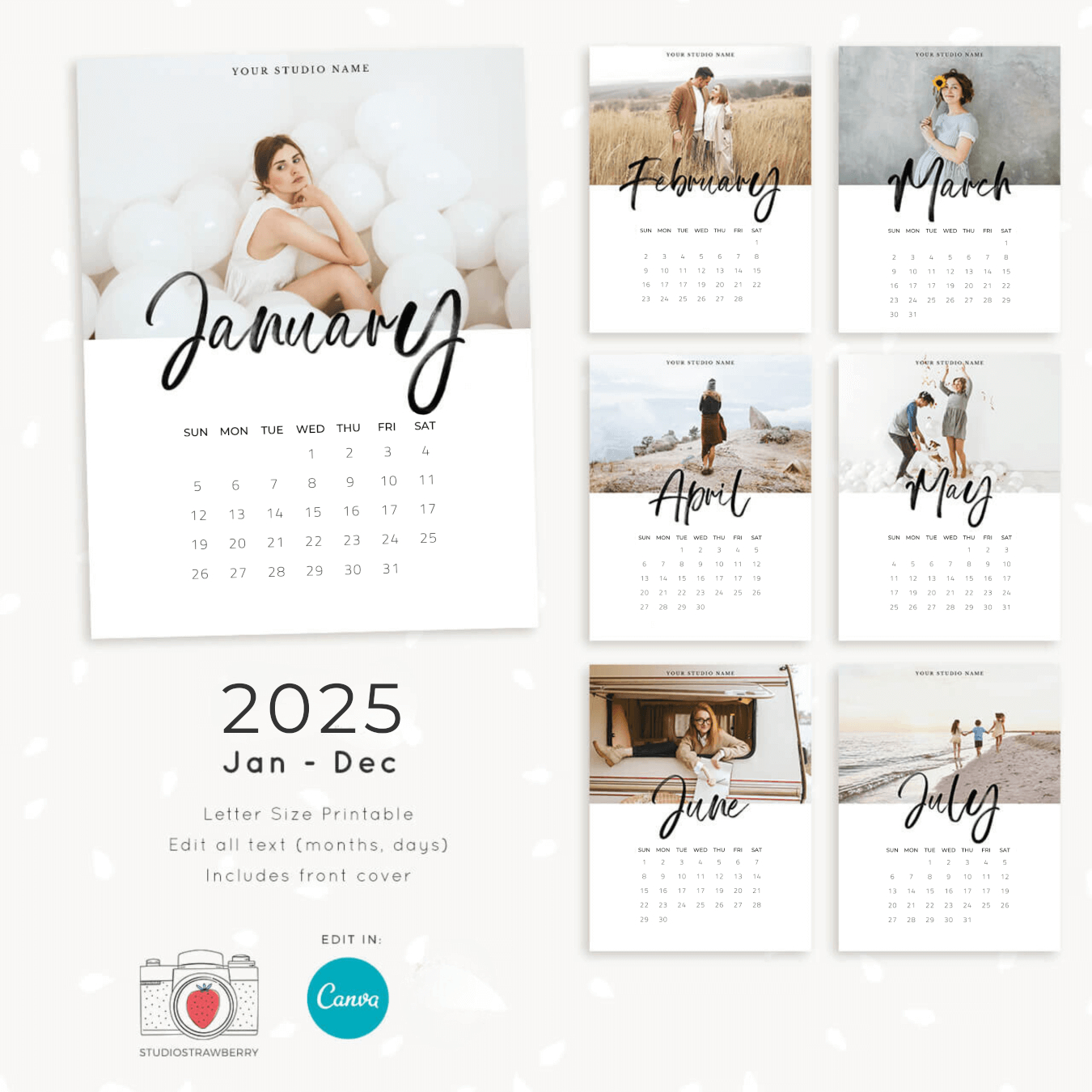 2025 Photo Calendar Template For Canva – Strawberry Kit for 2025 Monthly Calendar Printable Portrait Mode