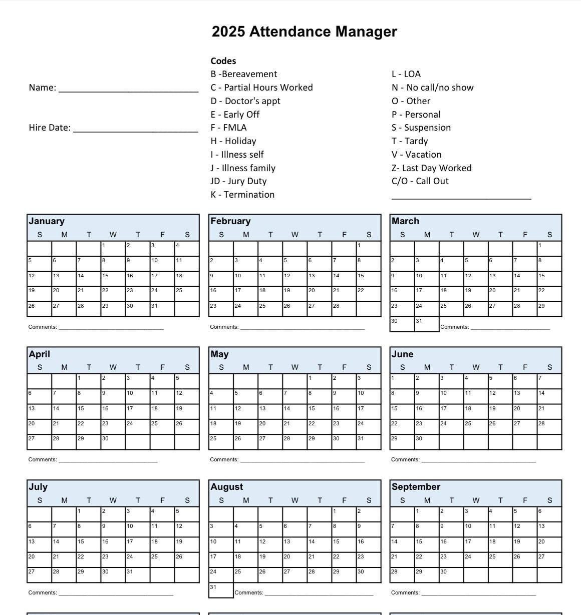 2025 Printable Calendar For Employee Attendance, School Pto regarding Printable 2025 Attendance Calendar