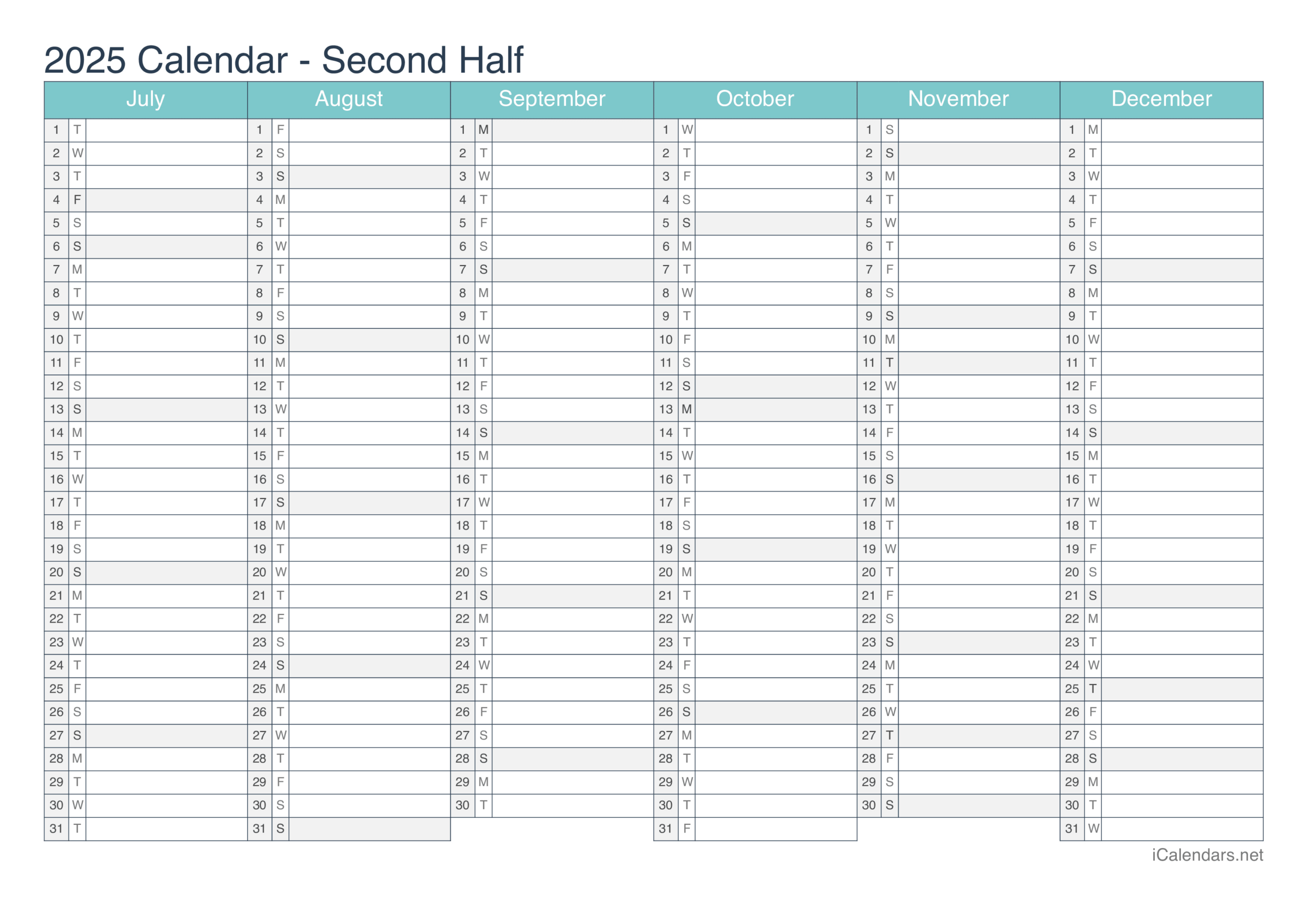 2025 Printable Calendar - Pdf Or Excel in Printable Calendar 2025 Half Year