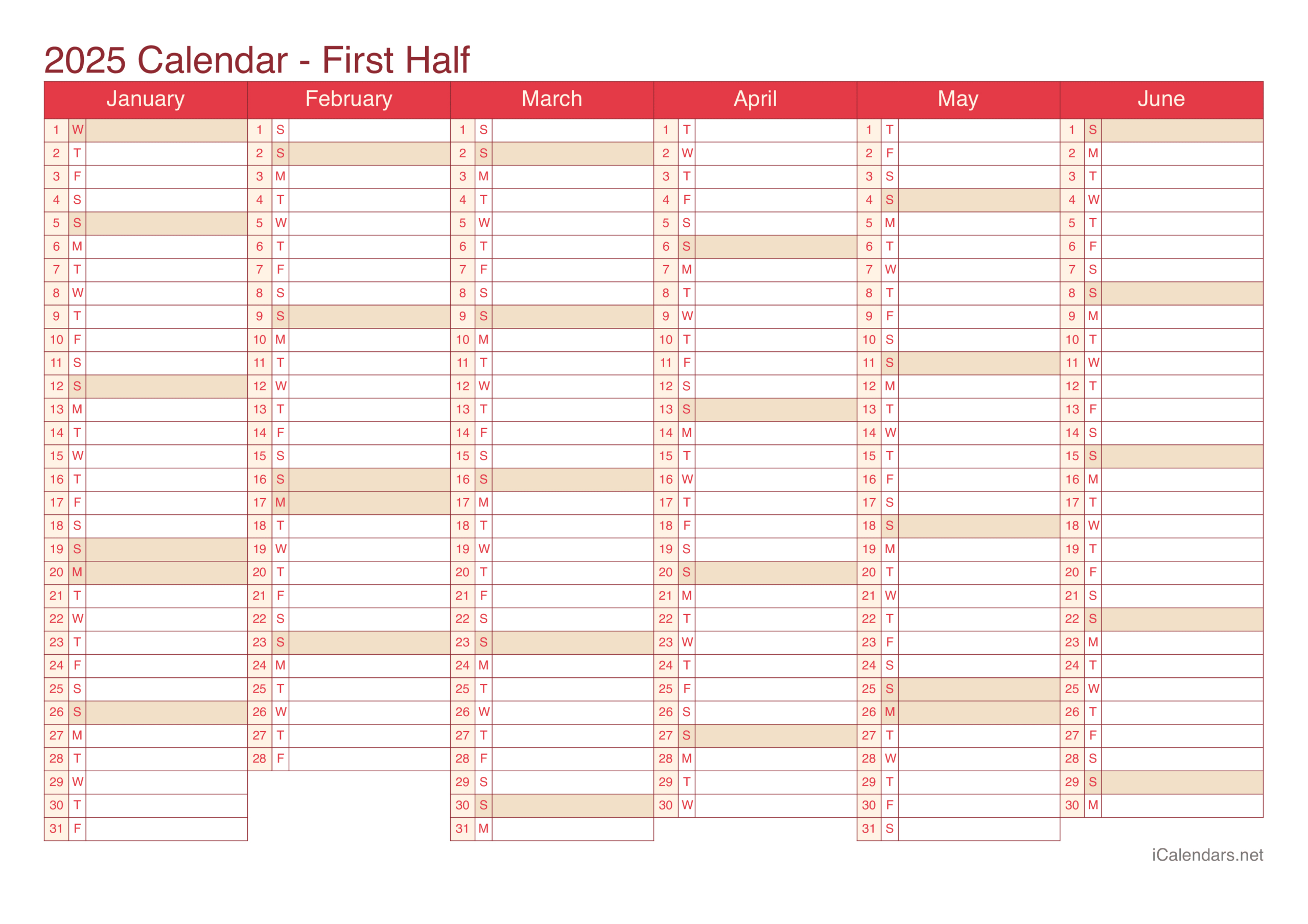 2025 Printable Calendar - Pdf Or Excel pertaining to Printable Calendar 2025 Half Year