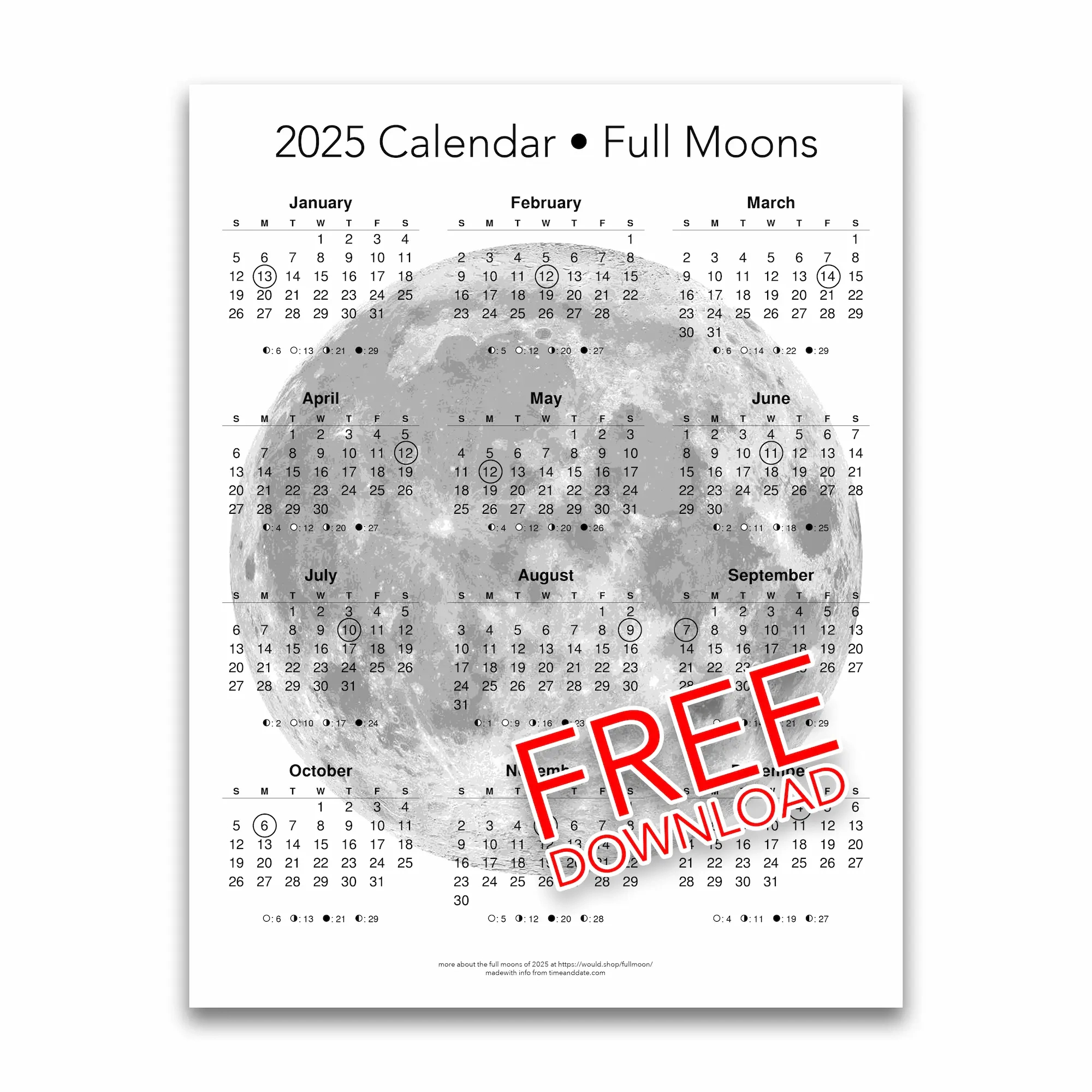 2025 Printable Moon Calendar With Full Moons Circled (Free throughout Printable Calendar 2025 With Moon