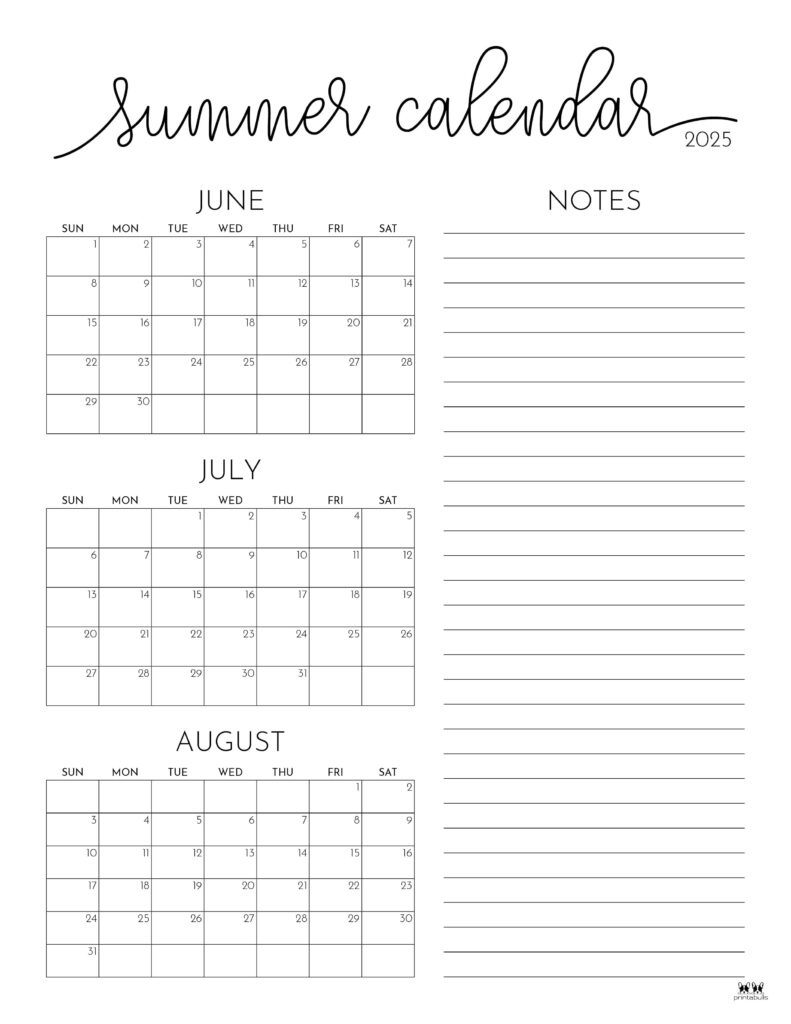 2025 Summer Calendars - 27 Free Printables | Printabulls pertaining to June - August 2025 Calendar