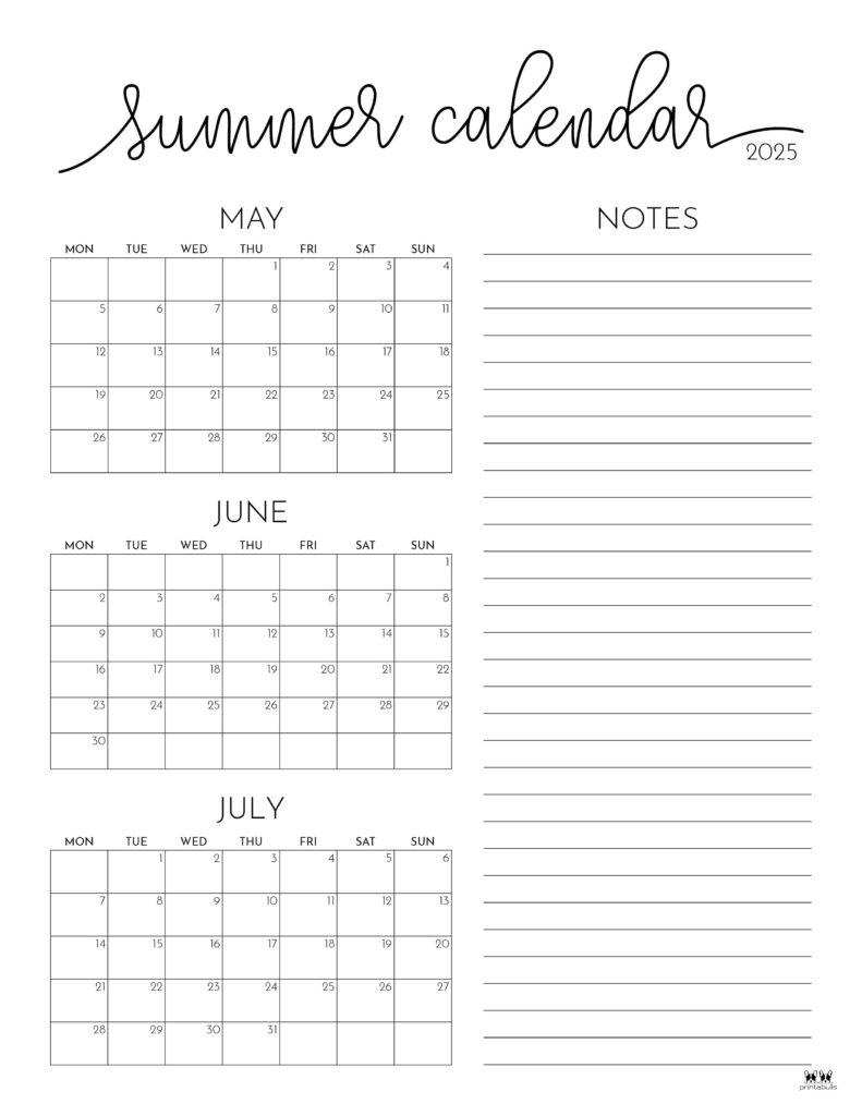 2025 Summer Calendars - 27 Free Printables | Printabulls with Printable 3 Month Calendar 2025 June July August