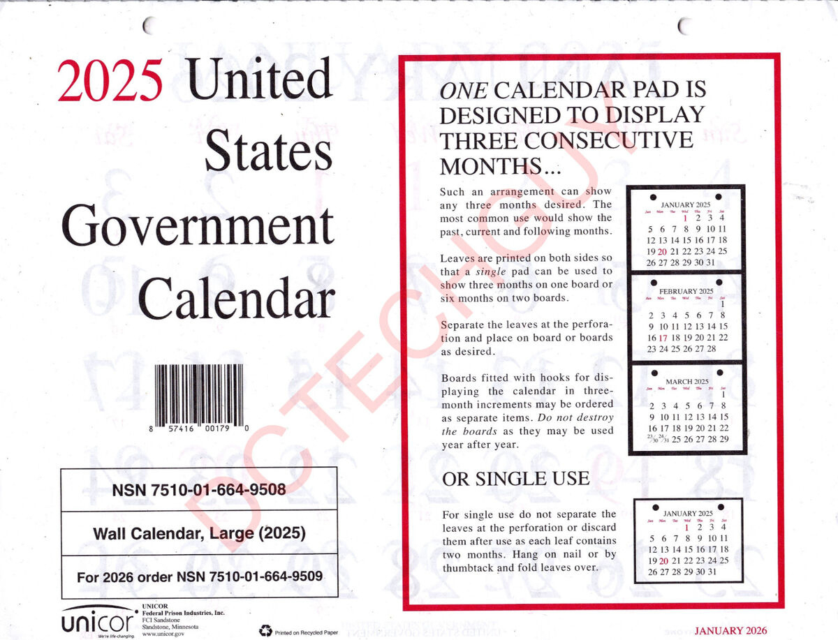2025 Us Government Wall Calendar (Single) Nsn 7501-01-664-9508 with 2025 United States Government Calendar Printable