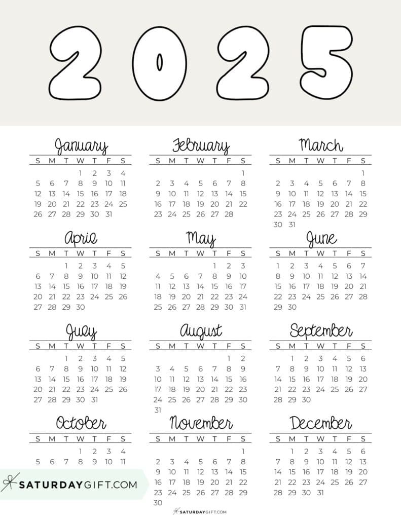 2025 Year At A Glance Calendars - 37 Cute And Free Pdfs intended for Free Printable Calendar 2025 Saturday Gift