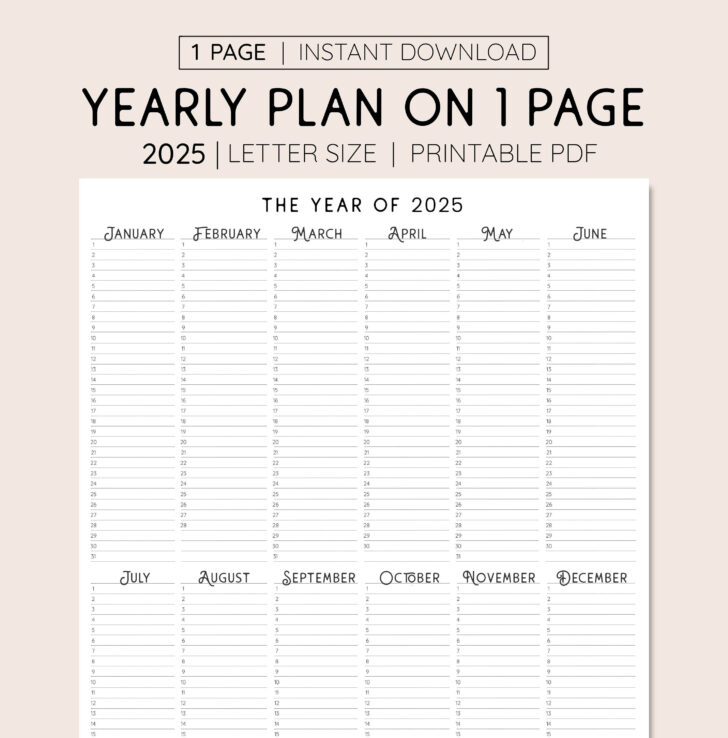 2025 Year at a Glance Calendar Printable Free