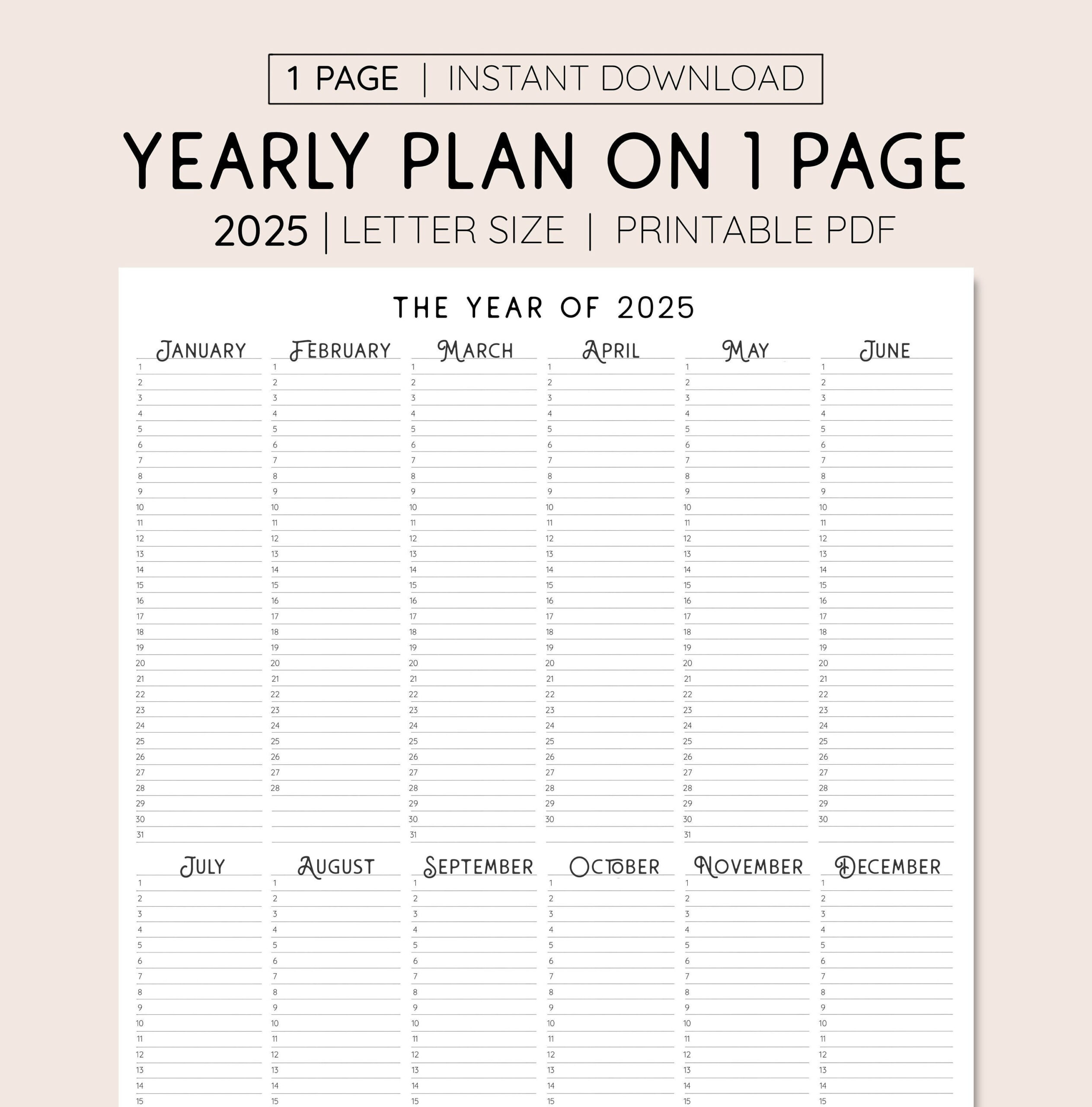 2025 Year At A Glance, Instant Download, Yearly Overview with regard to 2025 Year at a Glance Calendar Printable Free
