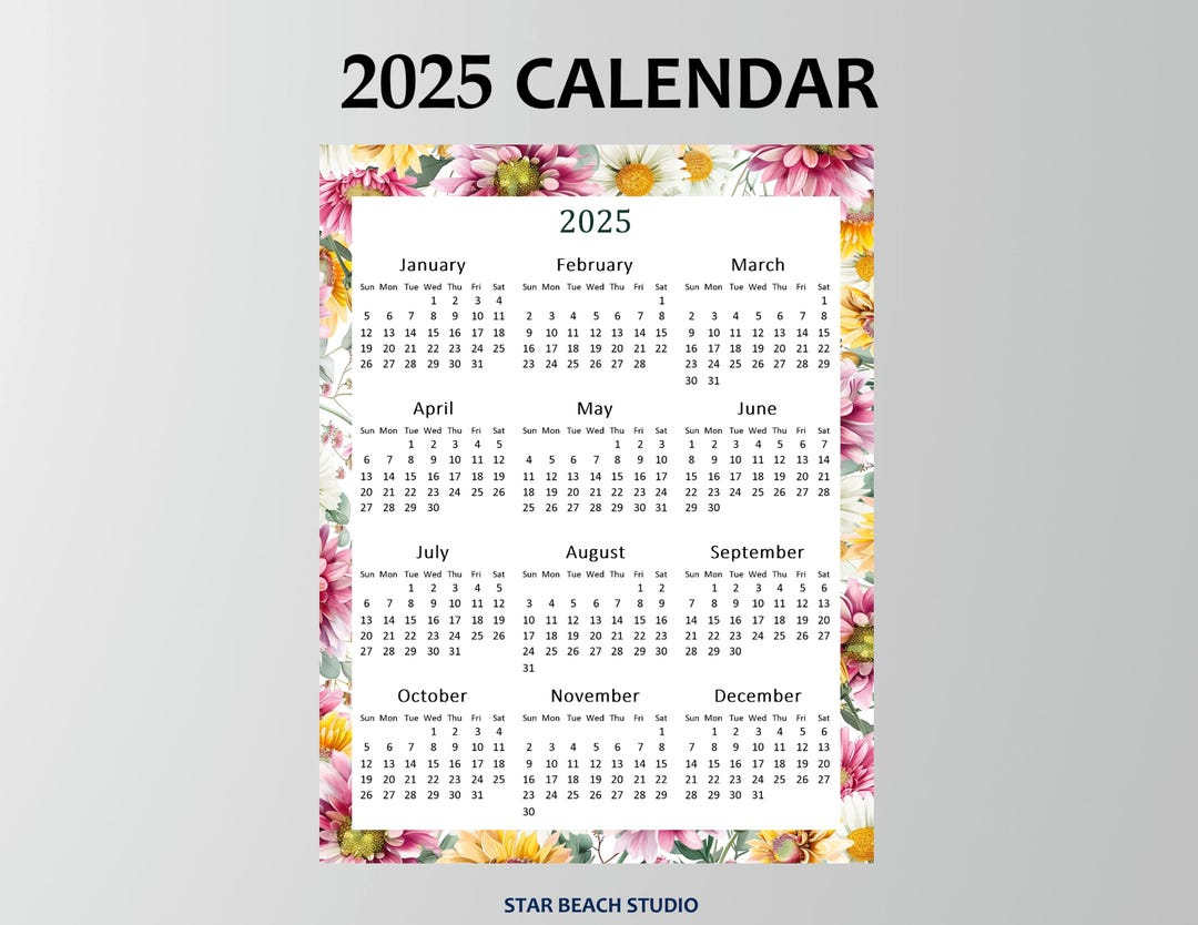 2025 Year Calendar Printable, Year At A Glance, 2025 Floral Wall pertaining to 4X6 Printable Calendar 2025