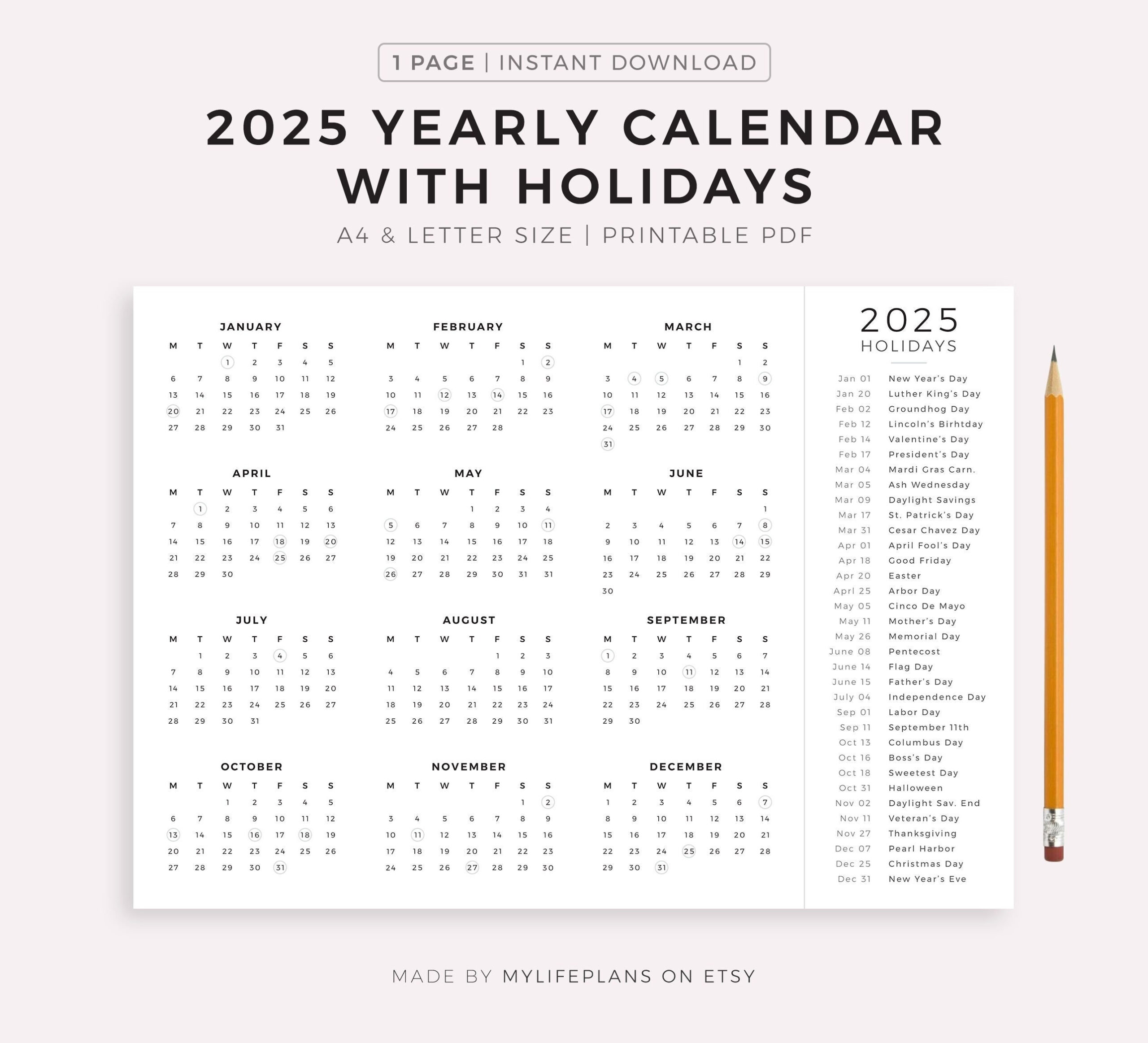 2025 Year Calendar With Holidays On One Page, Printable, Landscape with Printable Calendar 2025 Hong Kong with Holidays