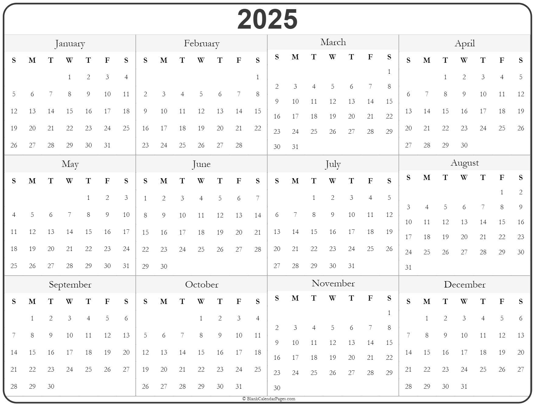 2025 Year Calendar | Yearly Printable in 2025 Canadian Calendar Printable