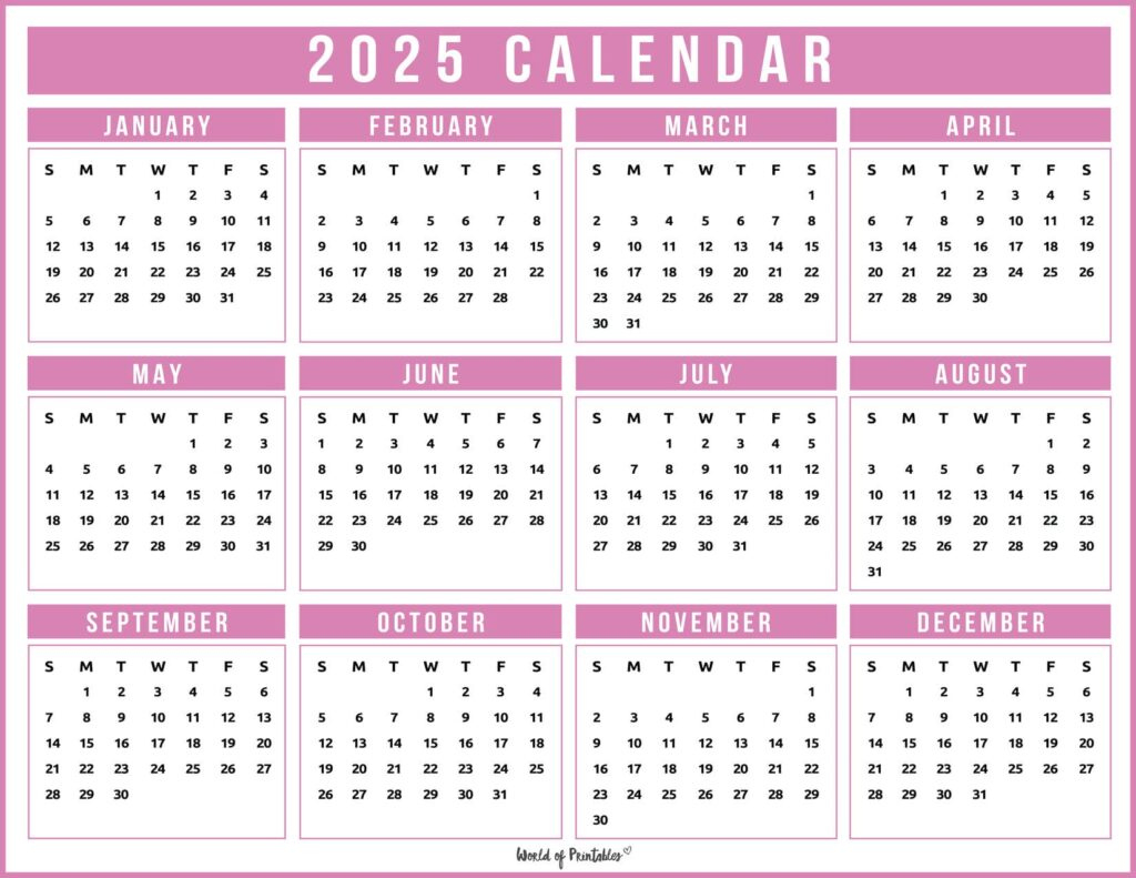 2025 Year Calendars - 70 Best Printables - World Of Printables within Printable Calendar 2025 Pink