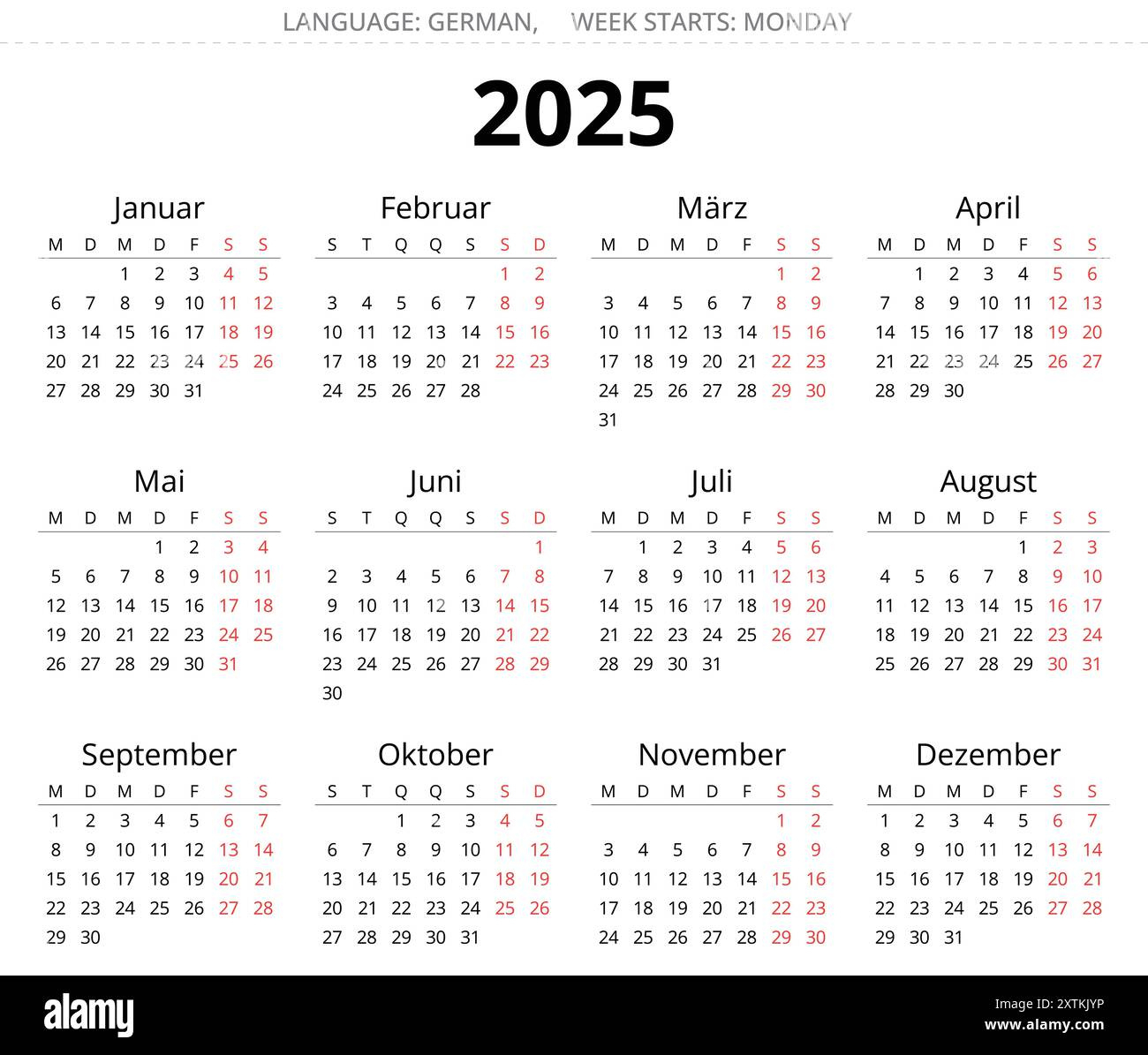 2025 Year German Calendar. Printable And Editable Vector for Printable Calendar 2025 Germany