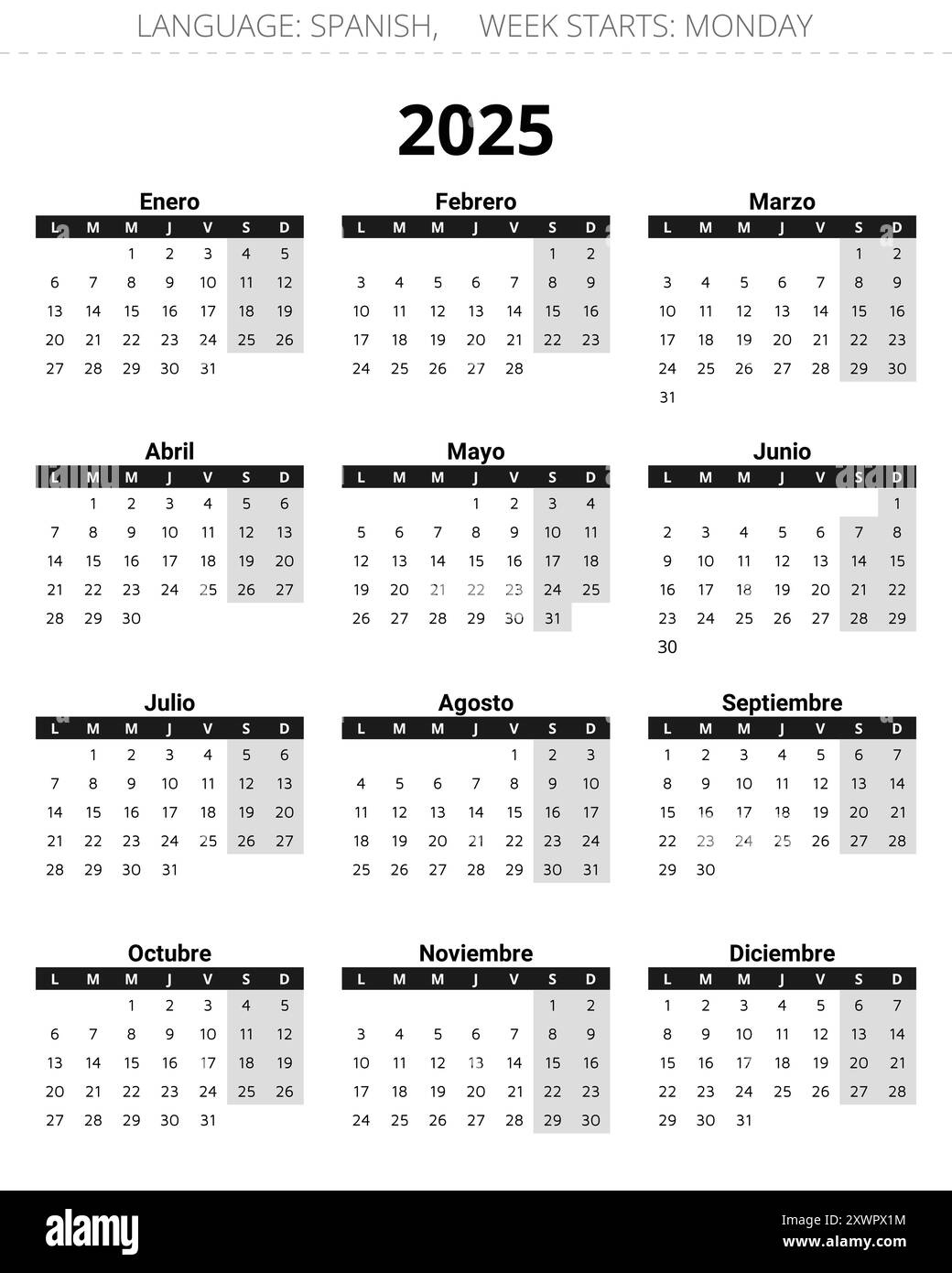 2025 Year Vertical Spanish Calendar. Printable Vector Grey And in Printable Calendar 2025 Spanish