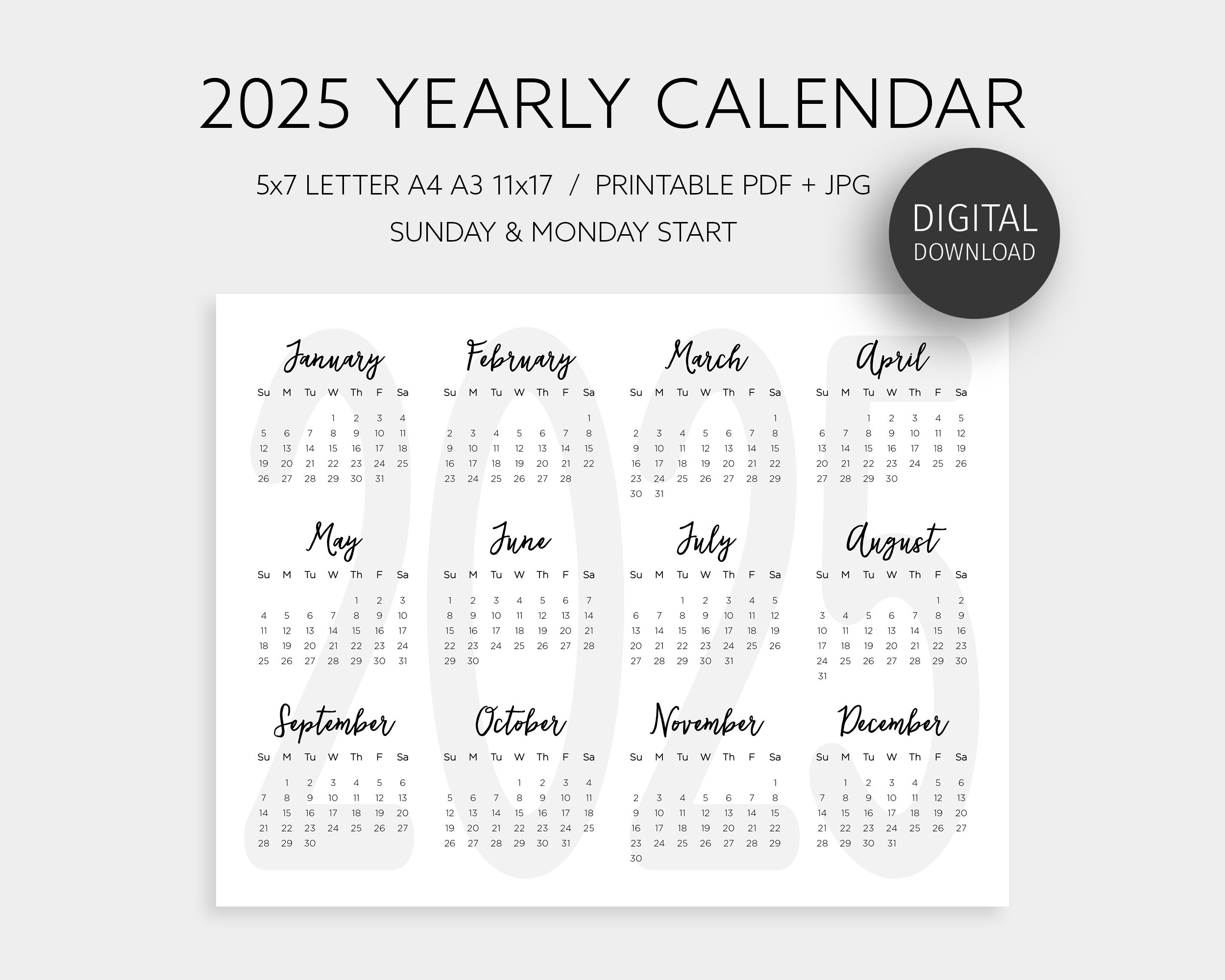 2025 Yearly Calendar, One Page Printable Calendar, Year At A in 5X7 Printable Calendar 2025