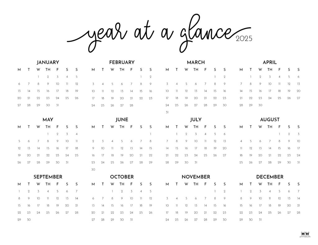 2025 Yearly Calendars - 29 Free Printables | Printabulls within Free Printable Year At A Glance Calendar 2025